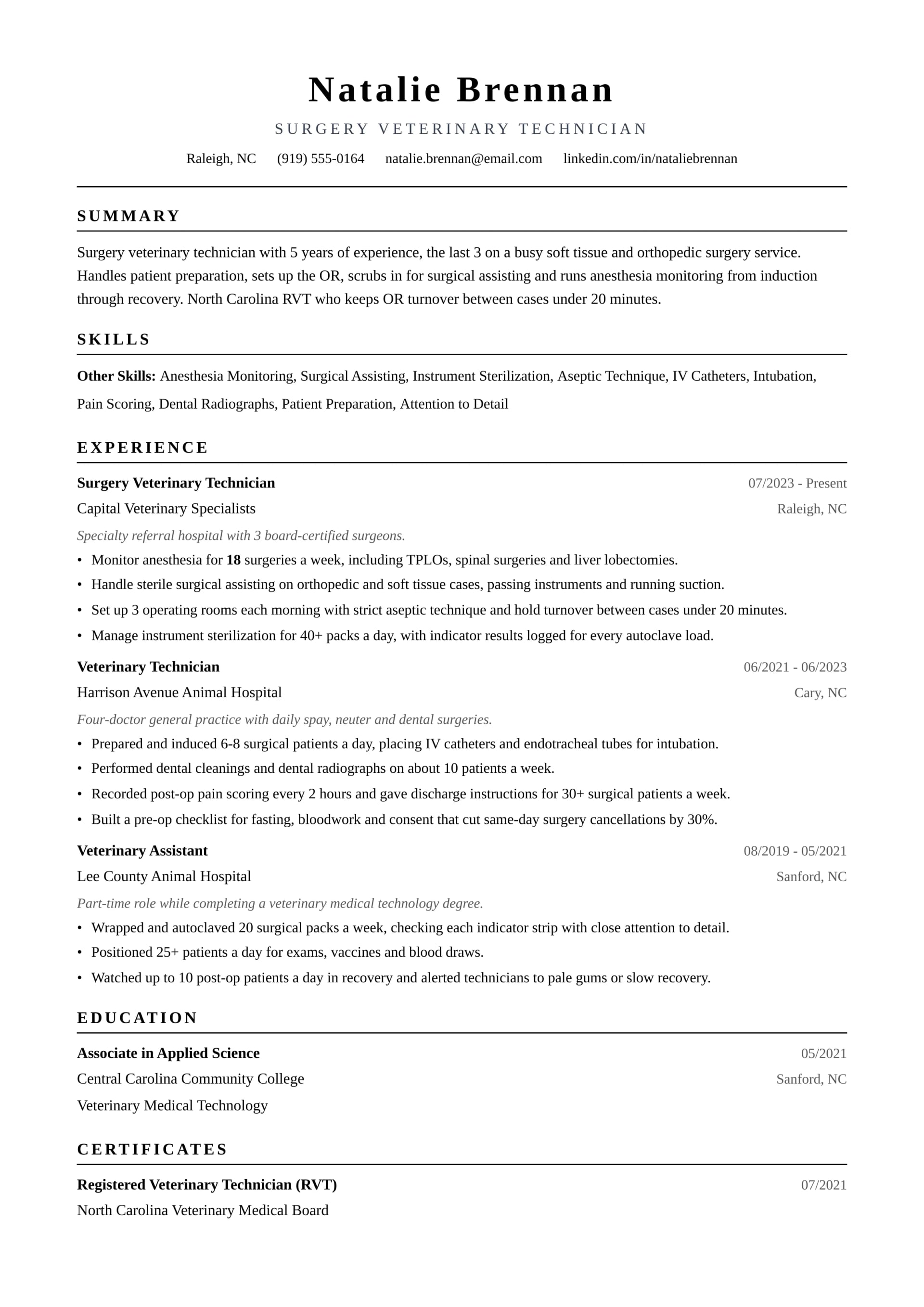 Surgery Veterinary Technician resume example