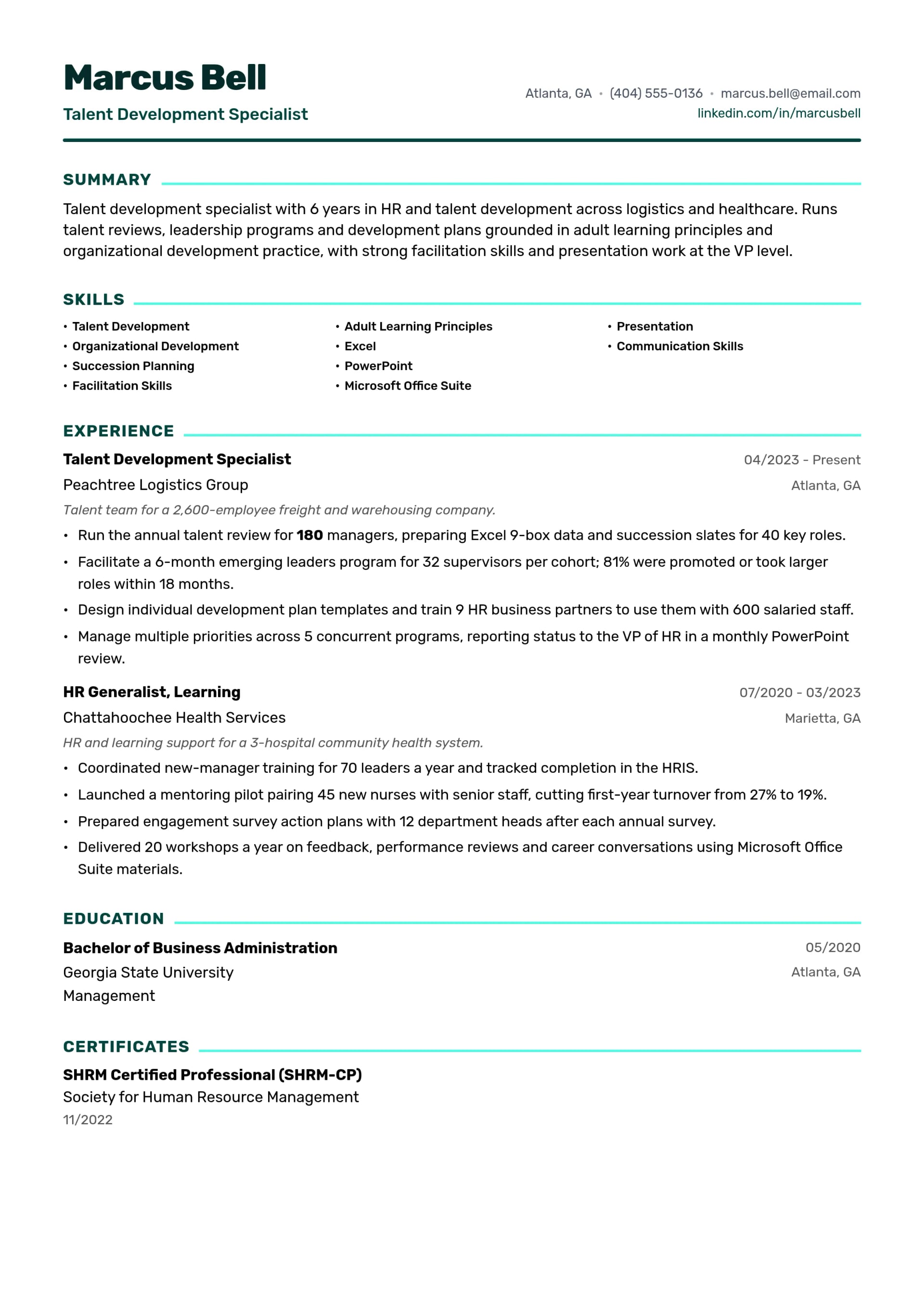 Talent Development Specialist resume example