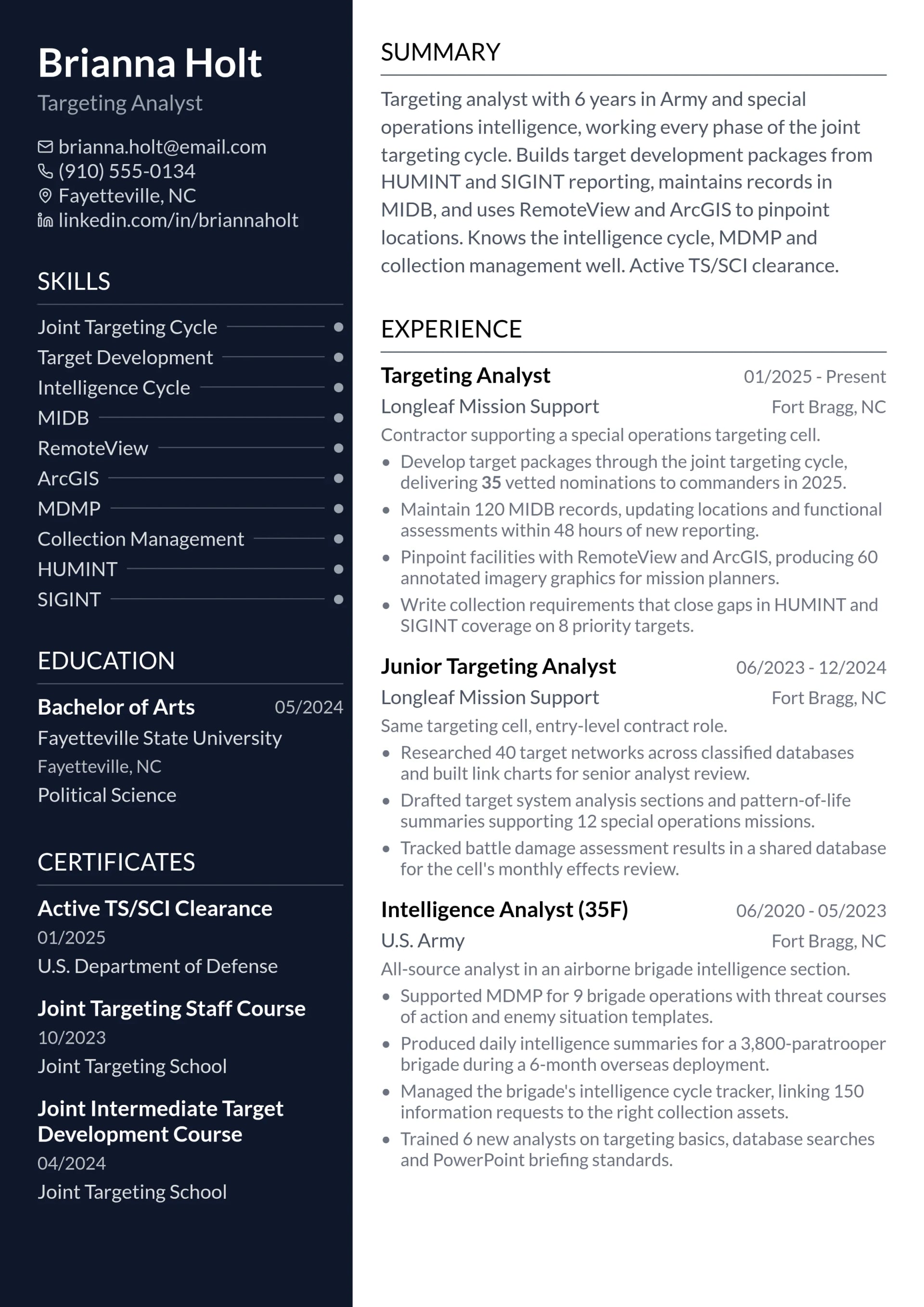 Target Analyst Reporter resume example
