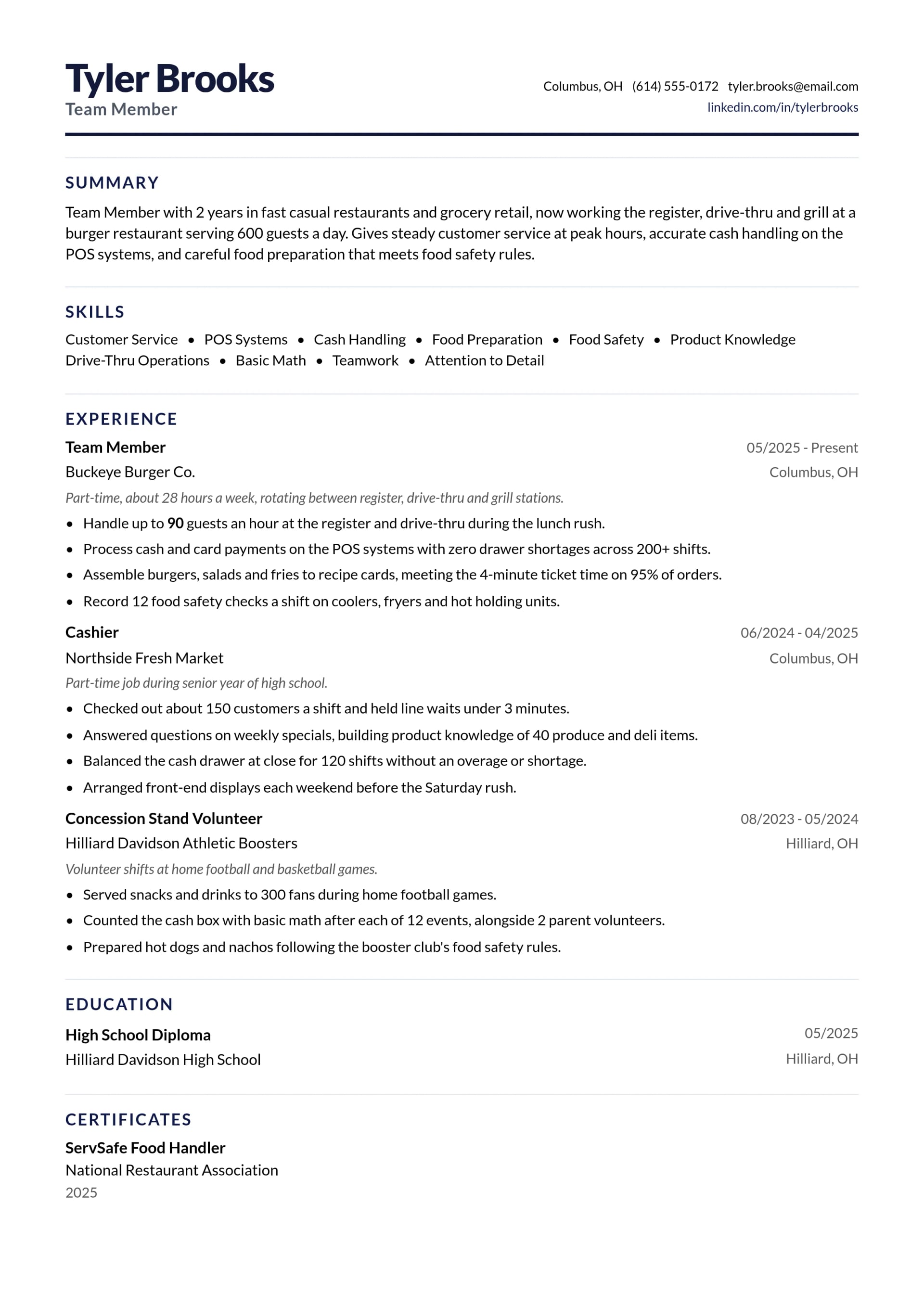 Team Member resume example
