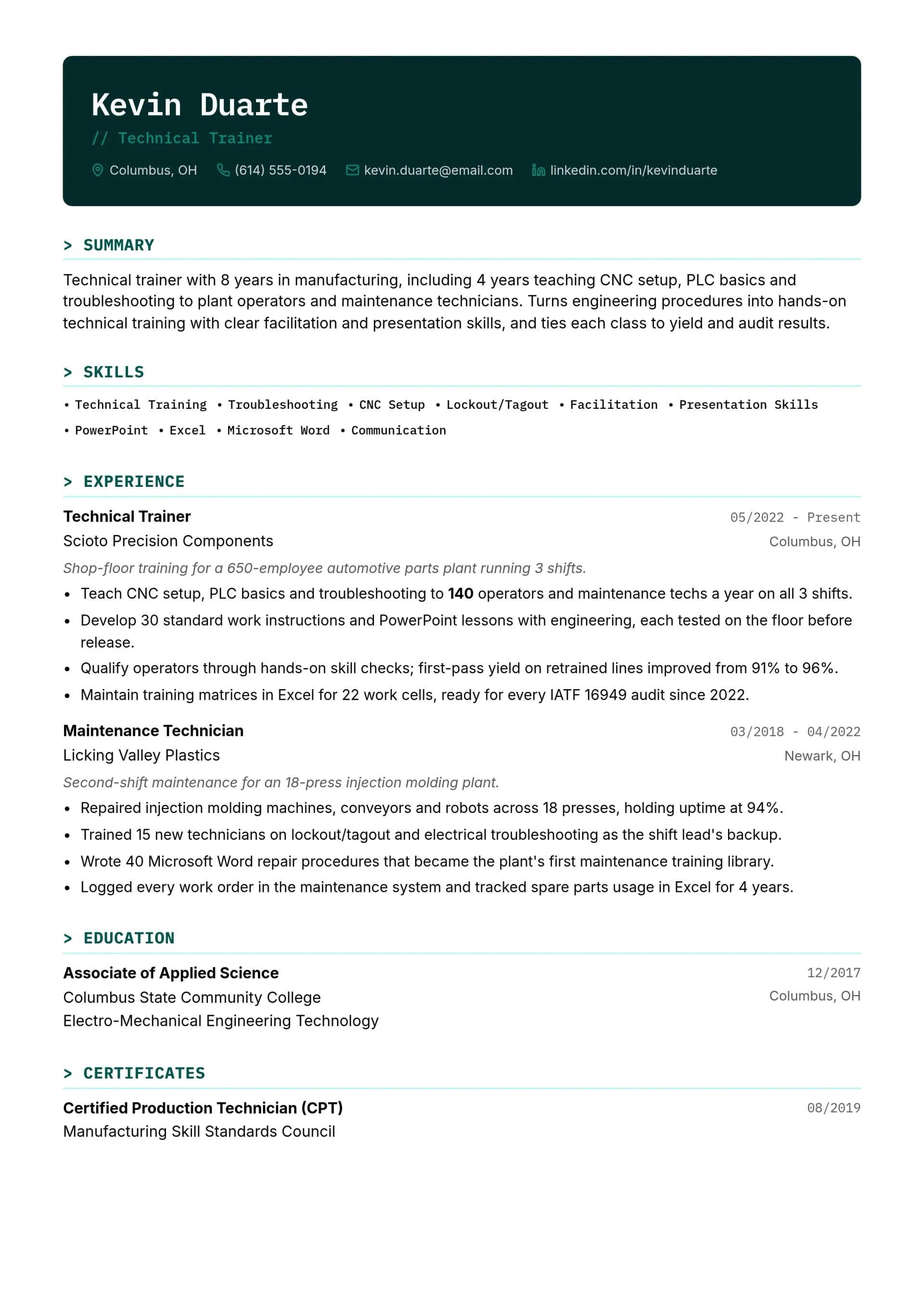 Technical Trainer resume example