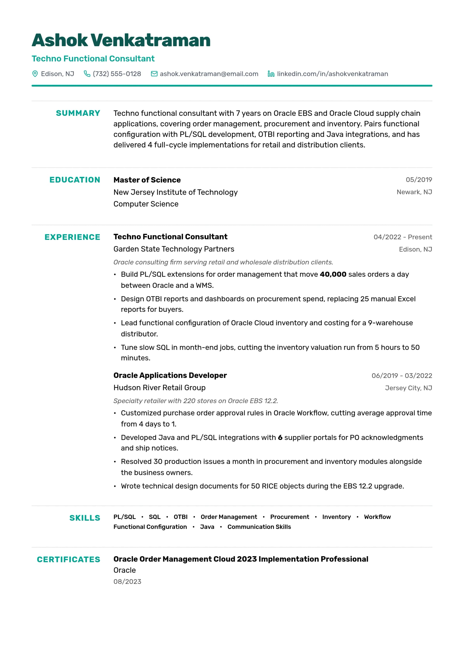 Techno Functional Consultant resume example