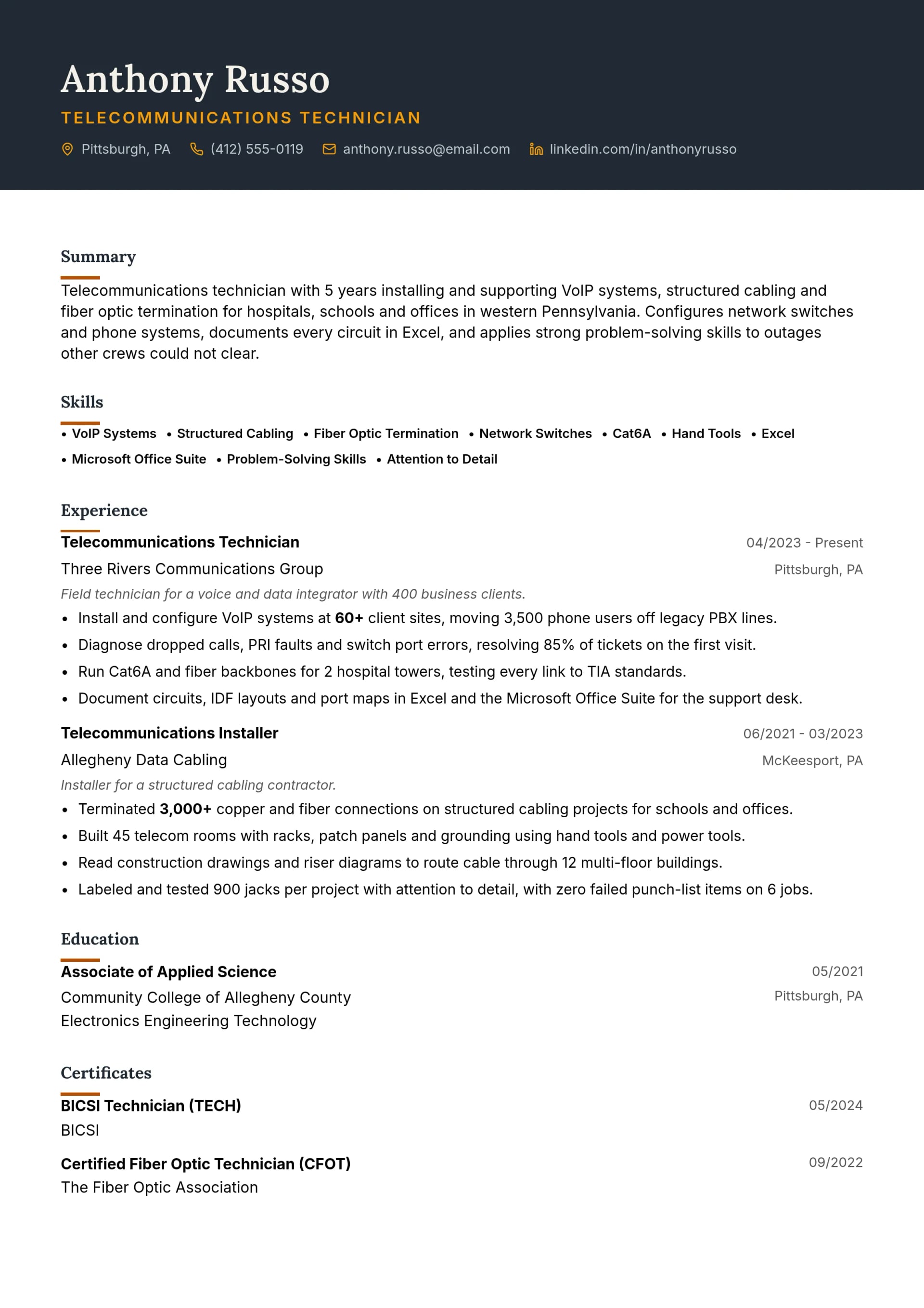 Telecommunications Technician resume example