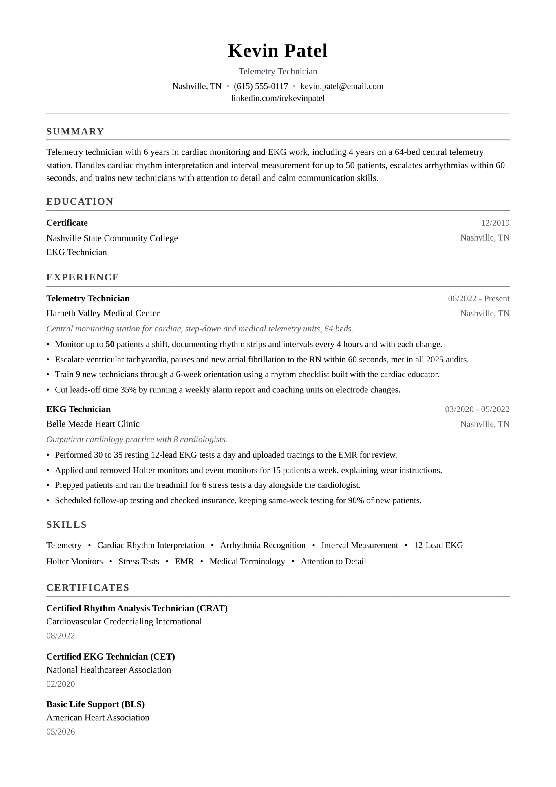 Telemetry Technician resume example