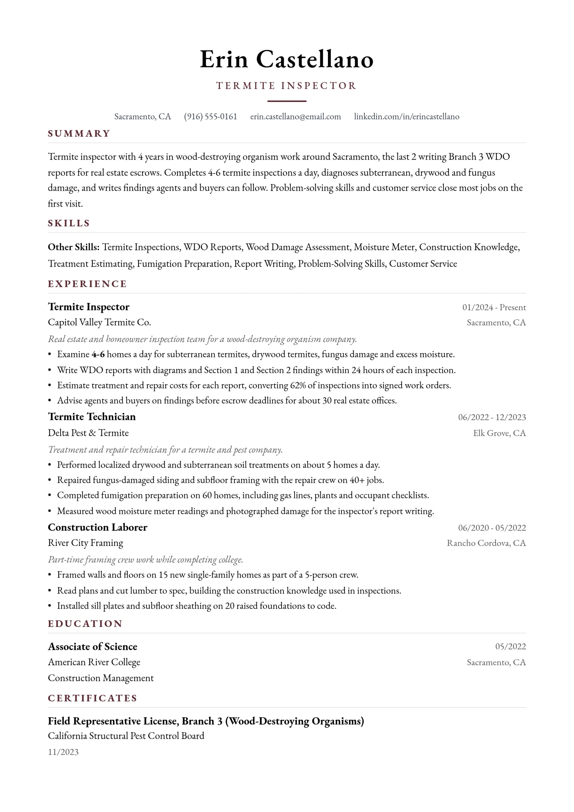 Termite Inspector resume example