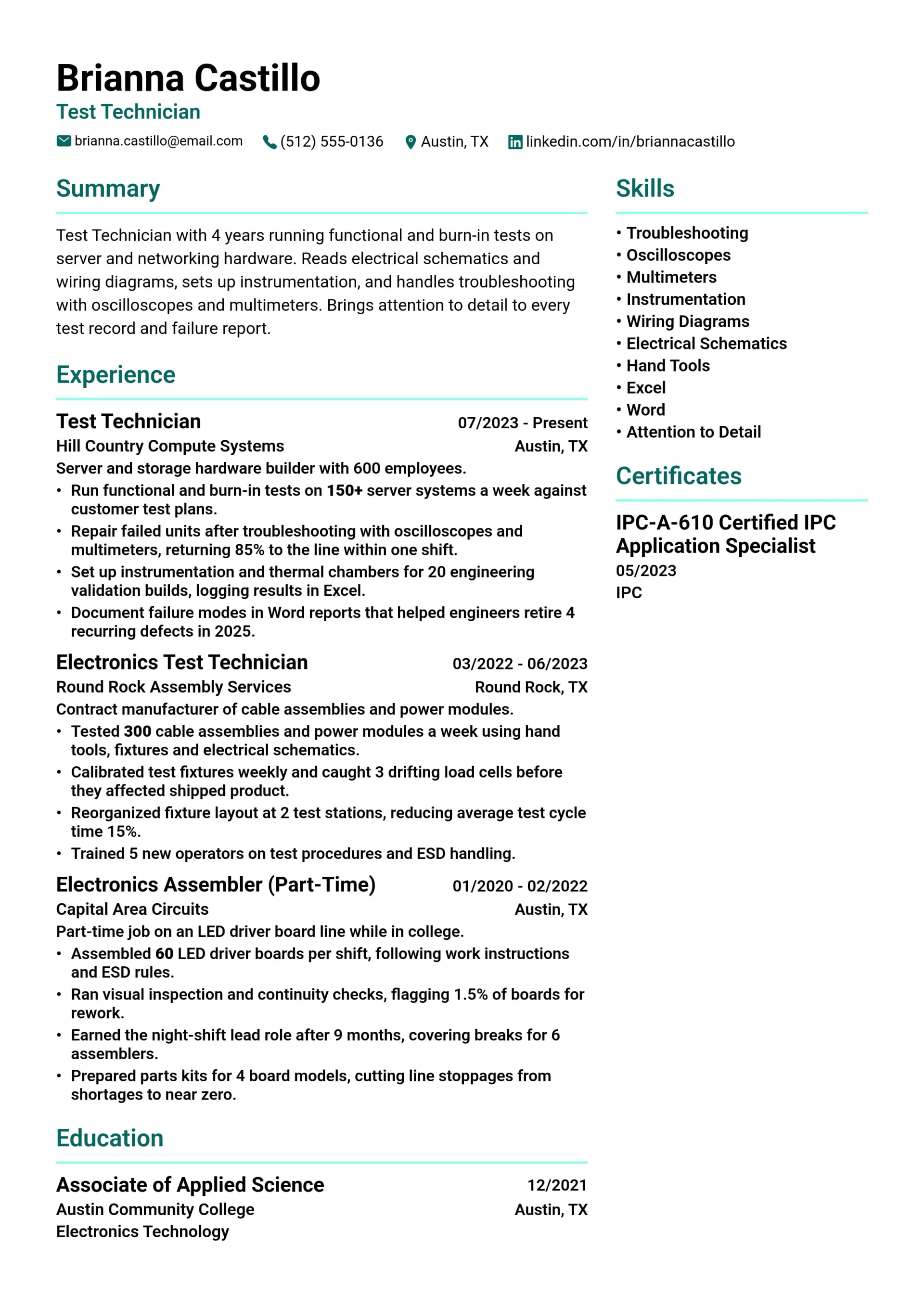 Test Technician resume example