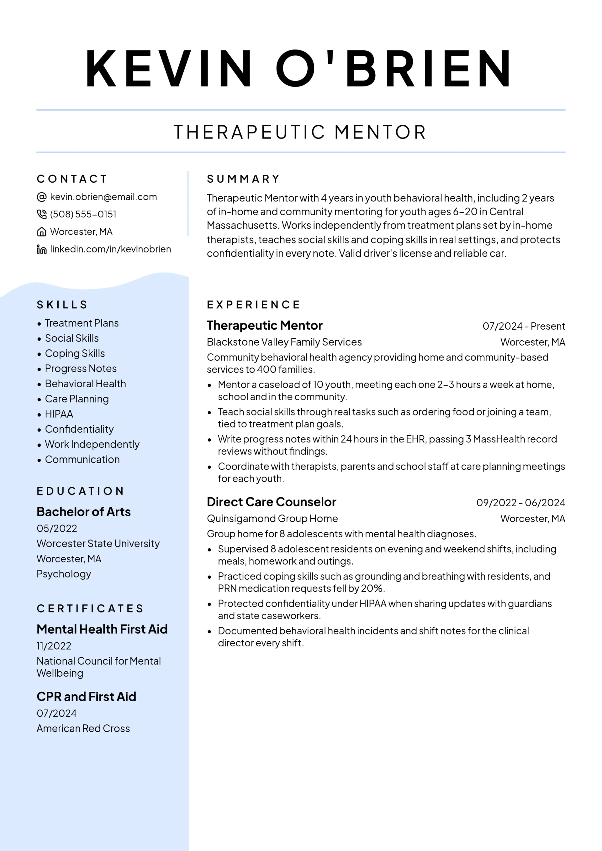 Therapeutic Mentor resume example