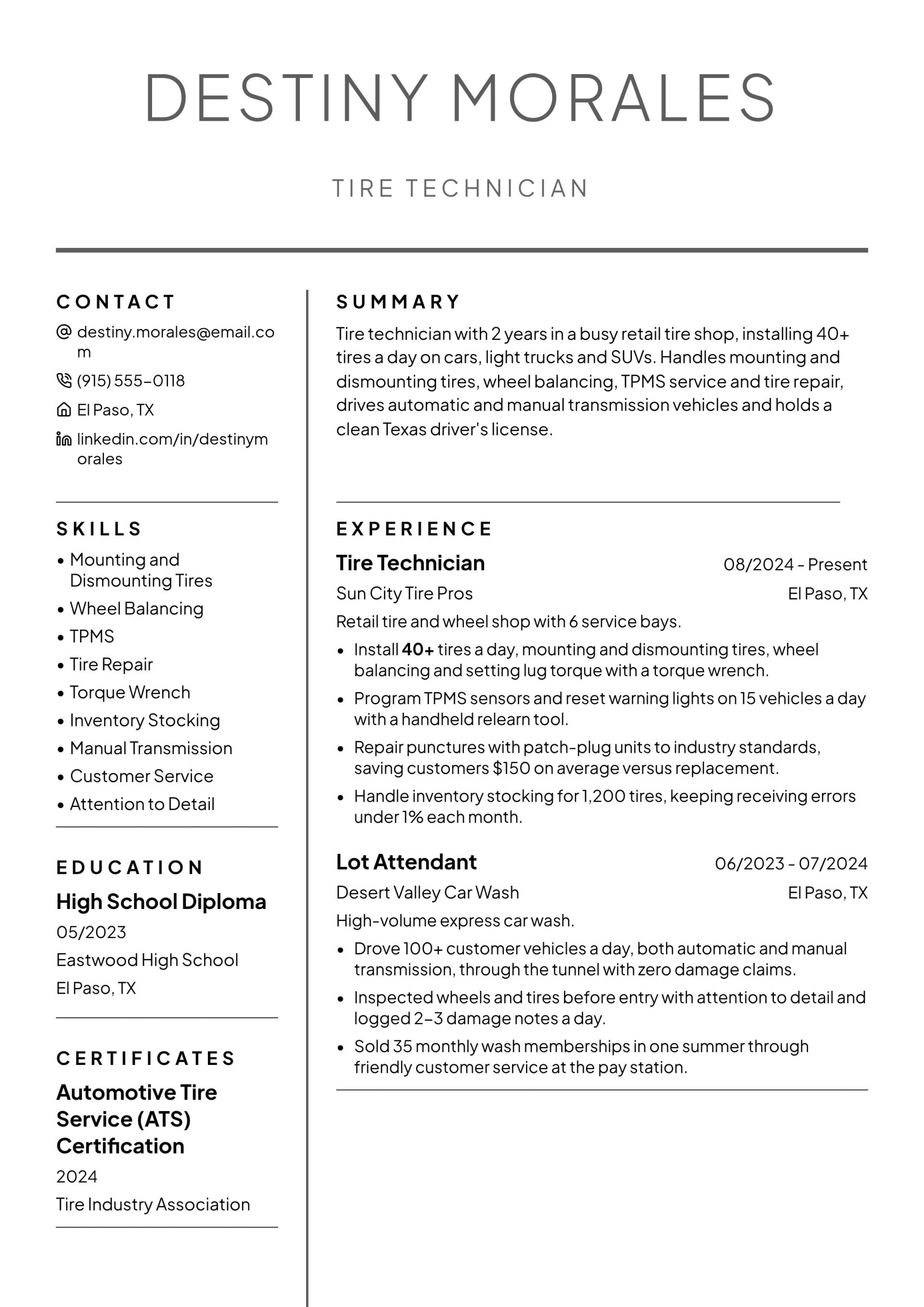 Tire Technician resume example