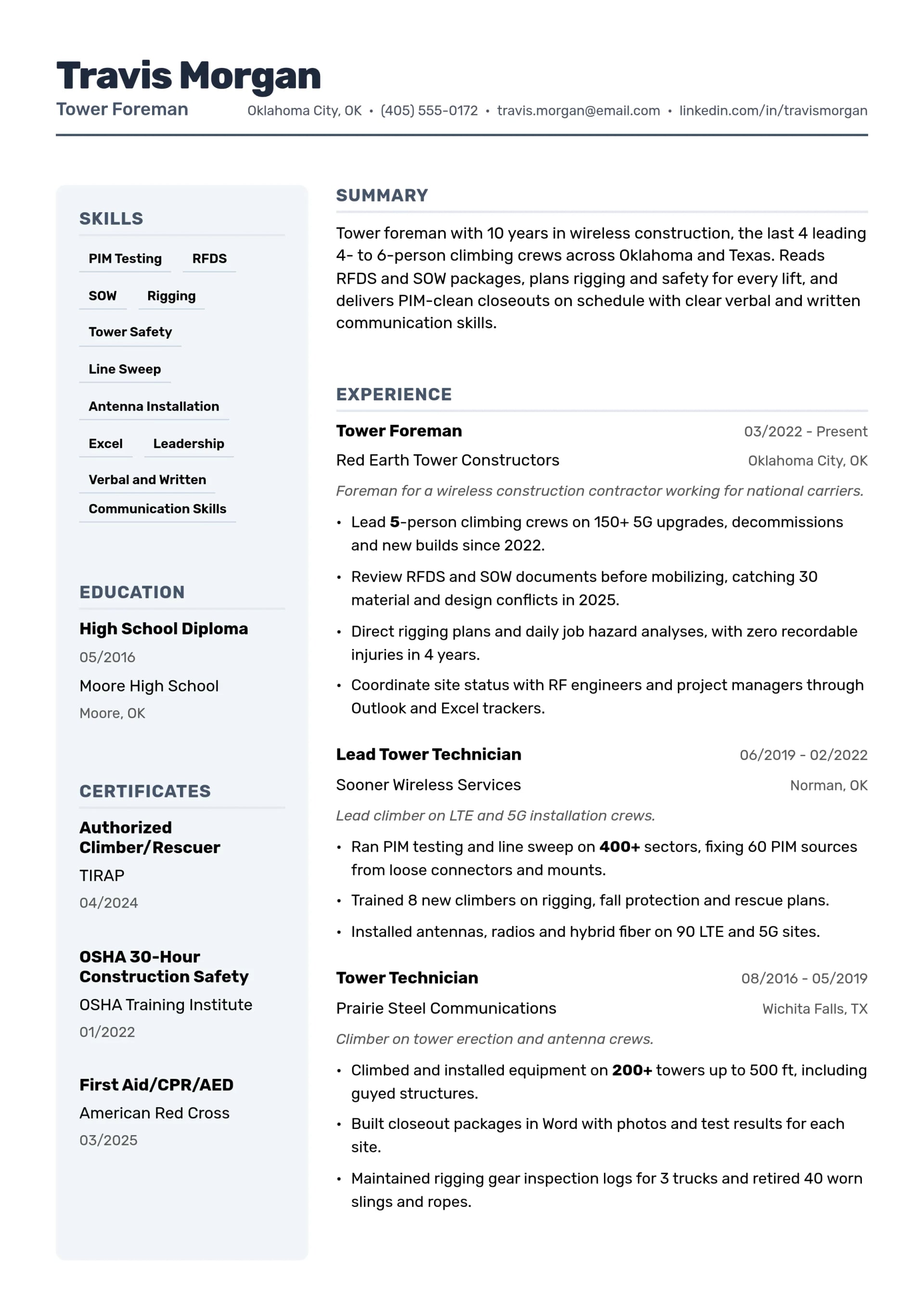 Tower Foreman resume example