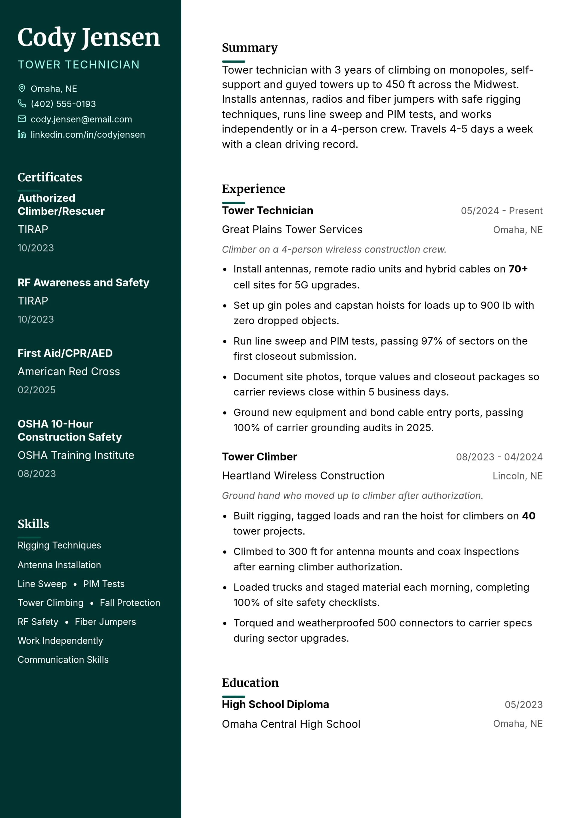 Tower Technician resume example