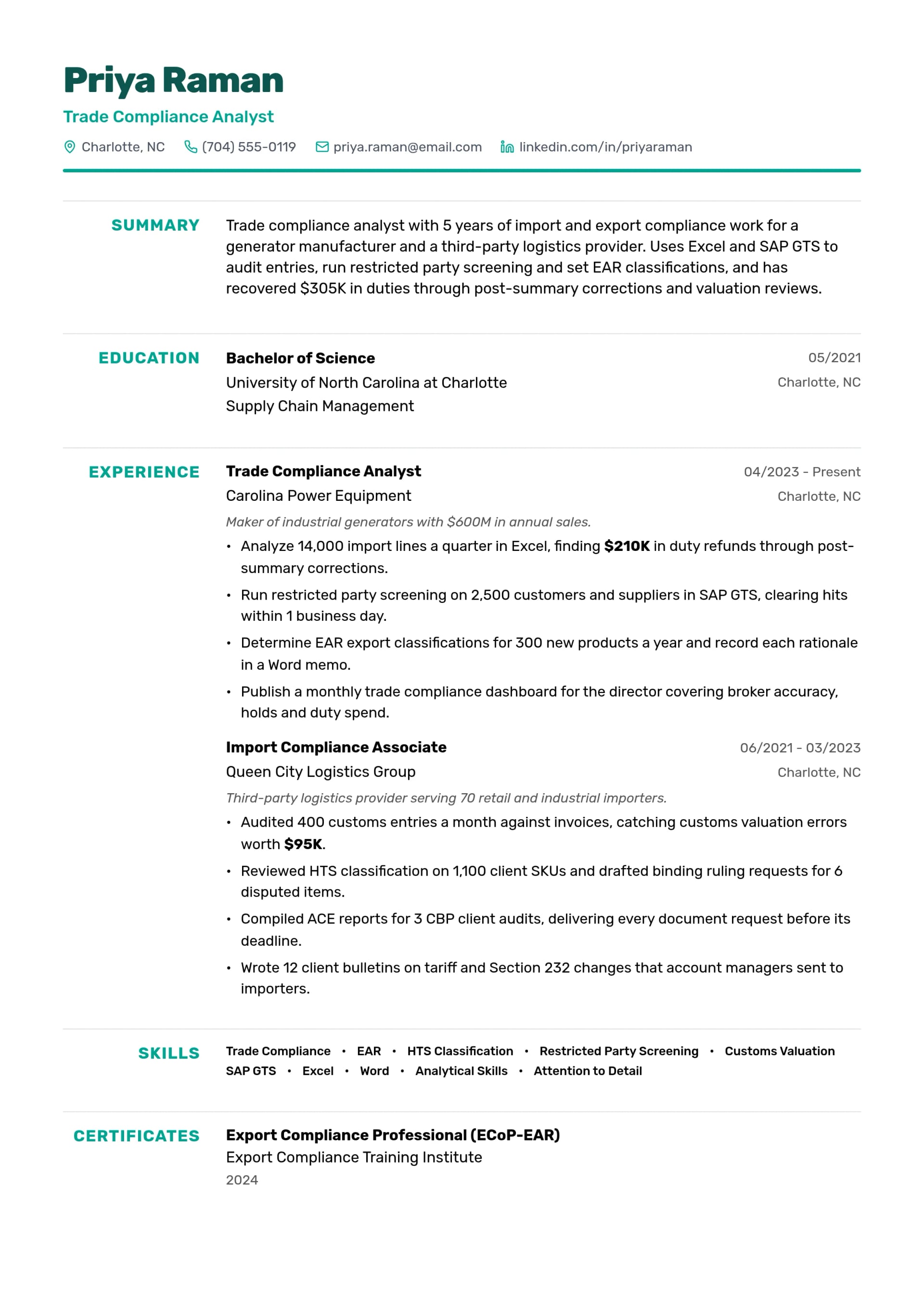 Trade Compliance Analyst resume example