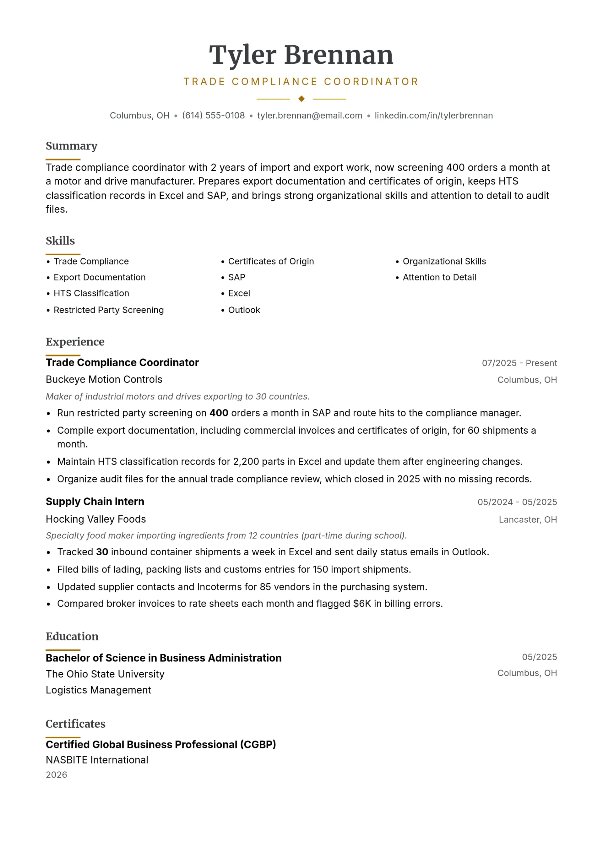 Trade Compliance Coordinator resume example