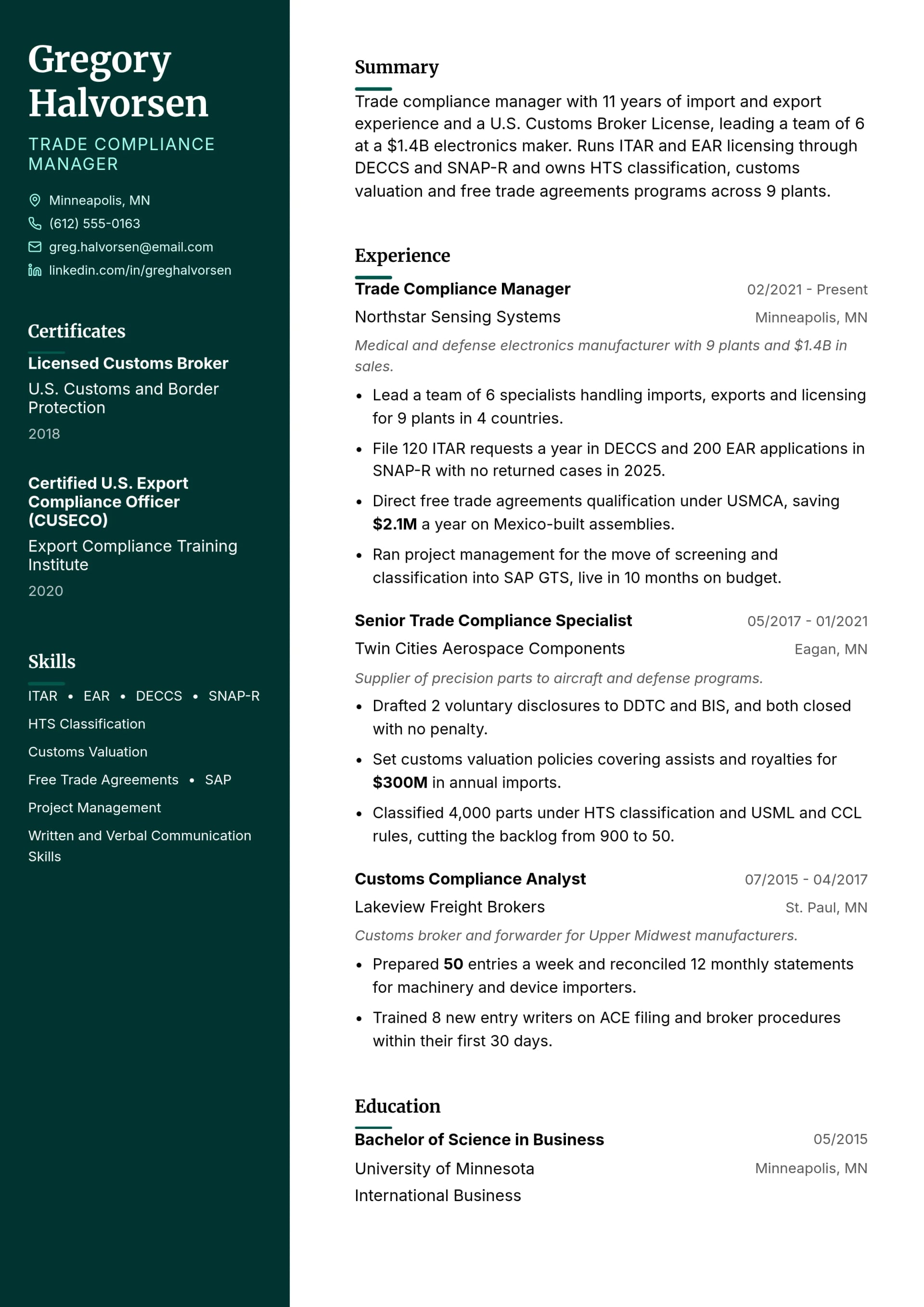 Trade Compliance Manager resume example