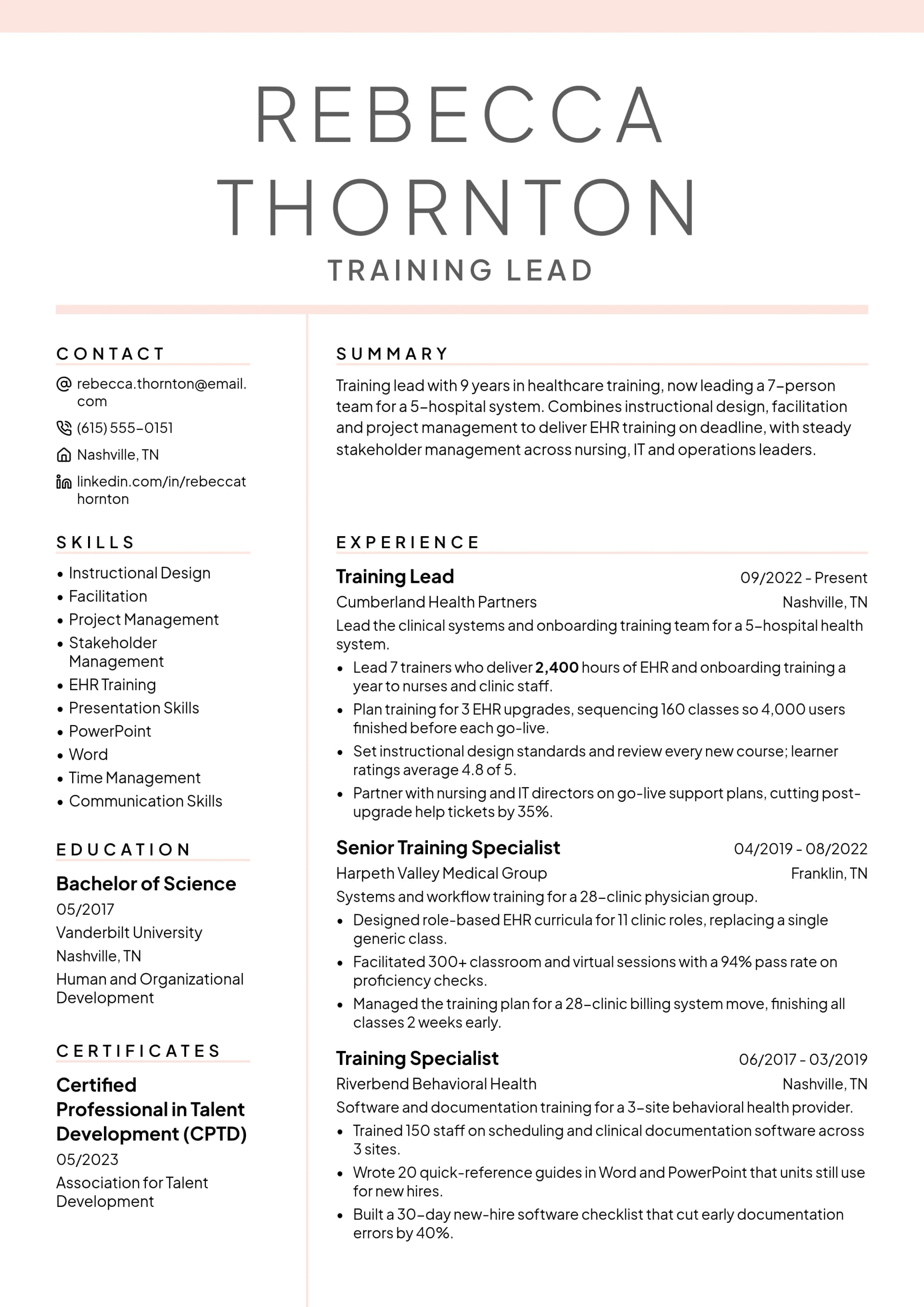 Training Lead resume example