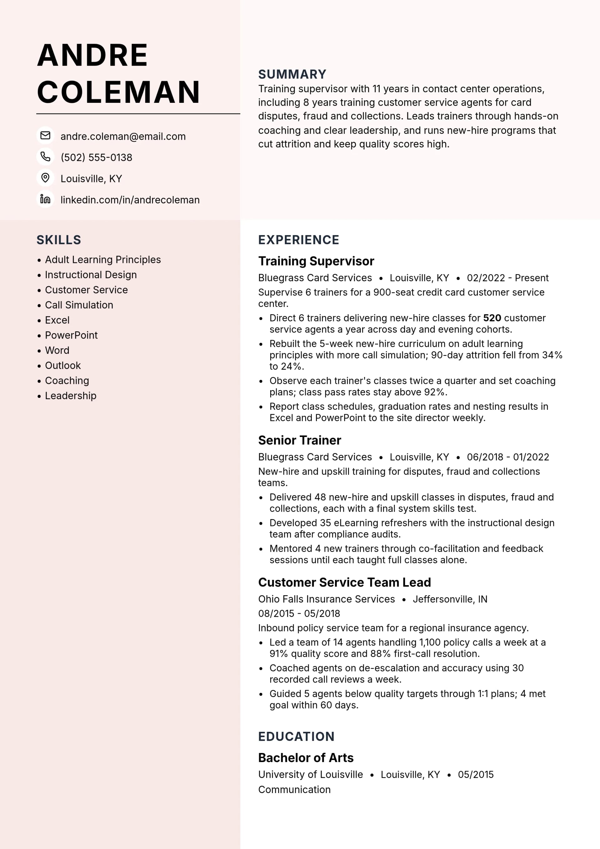 Training Supervisor resume example