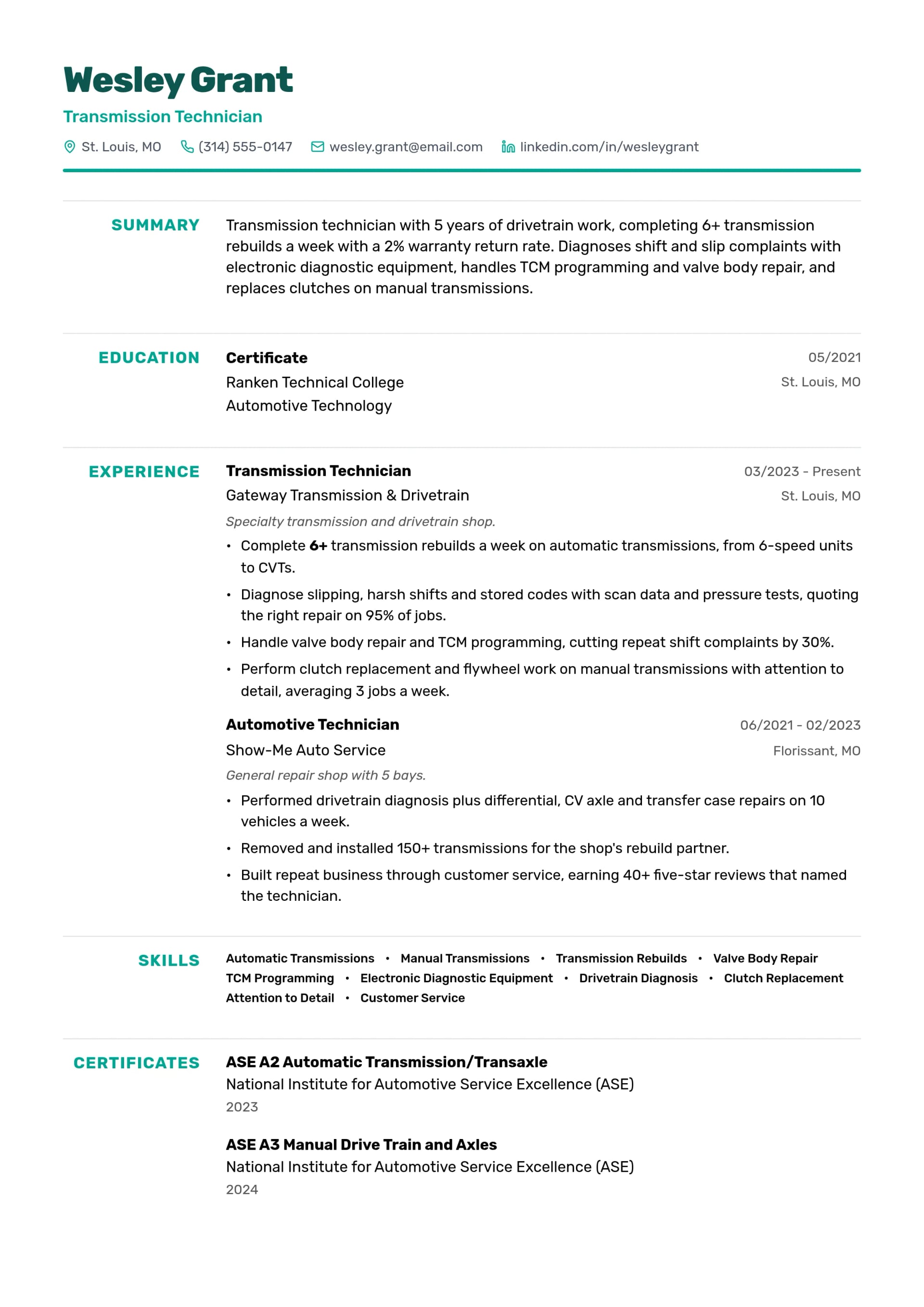 Transmission Technician resume example