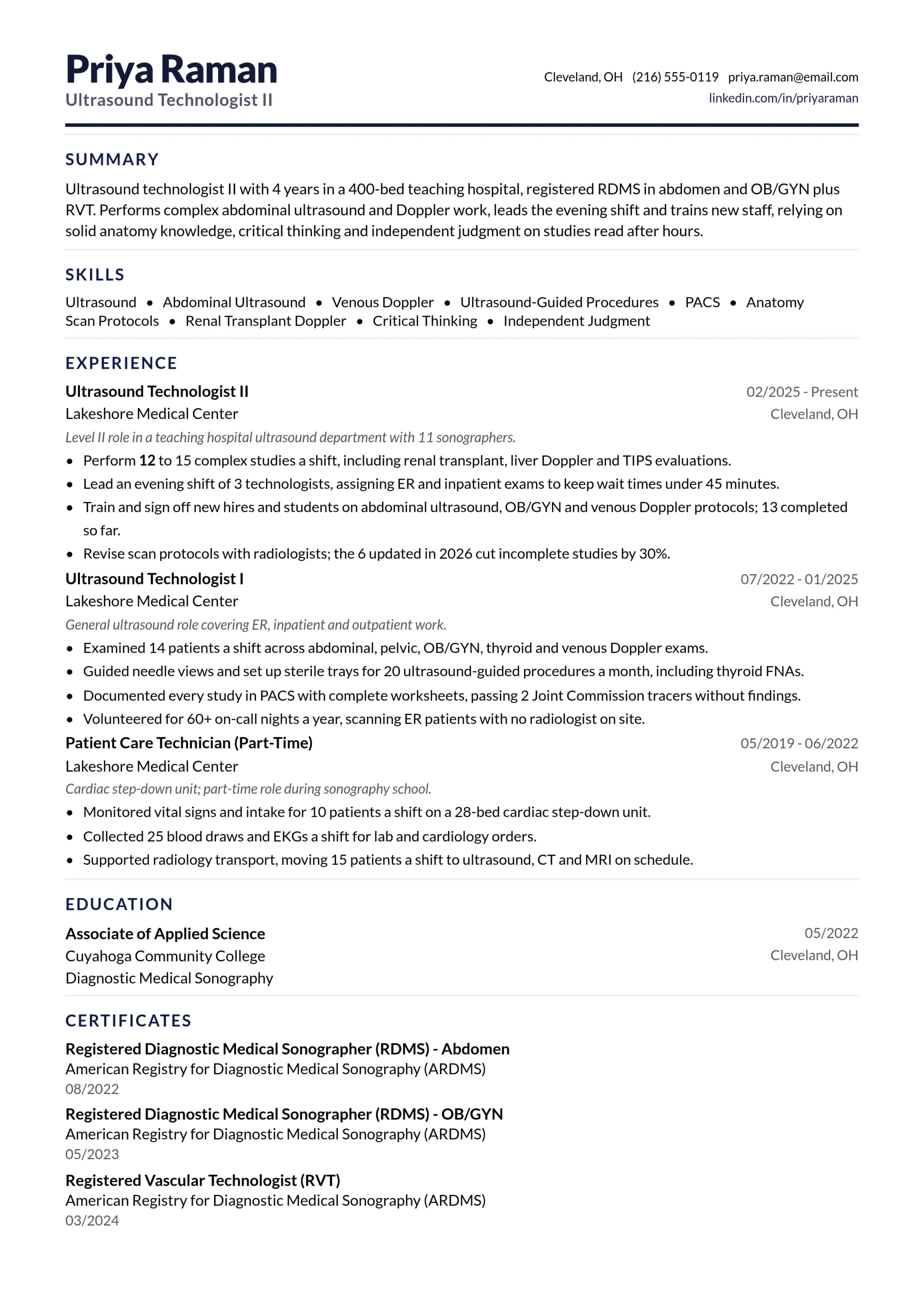 Ultrasound Technologist II resume example