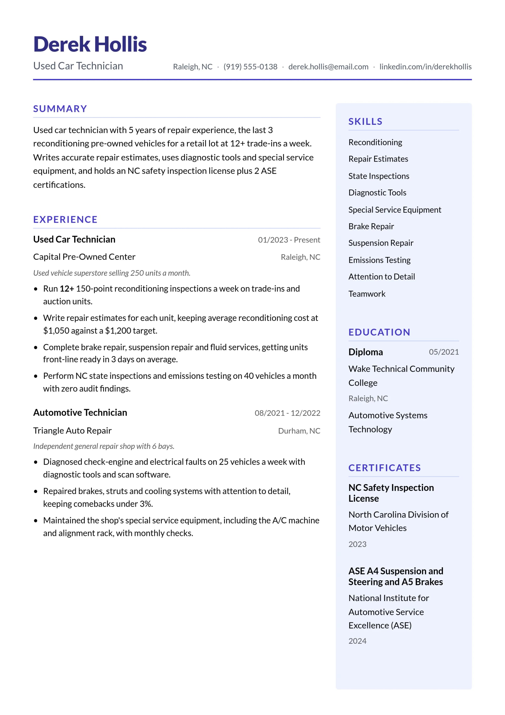 Used Car Technician resume example