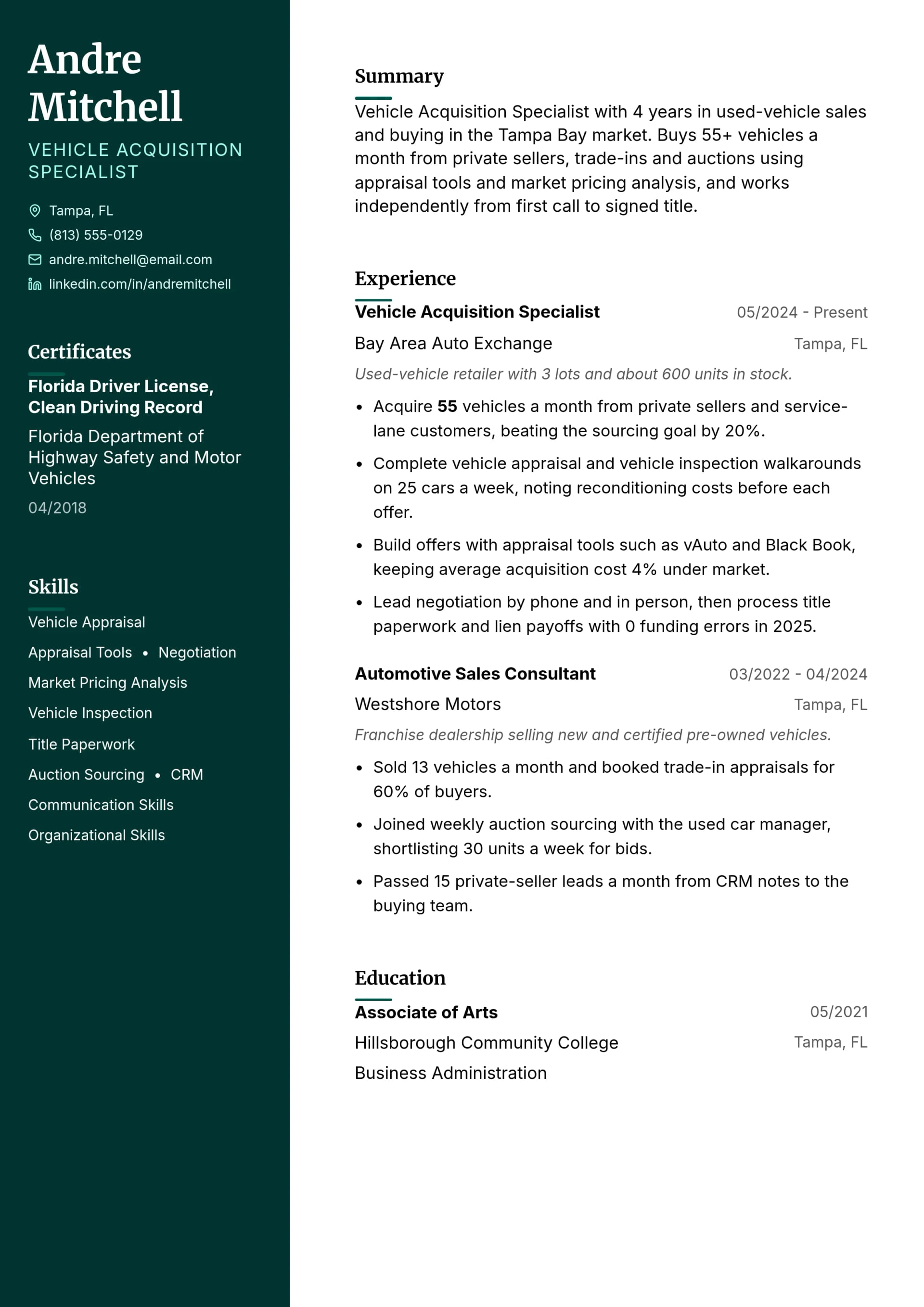Vehicle Acquisition Specialist resume example