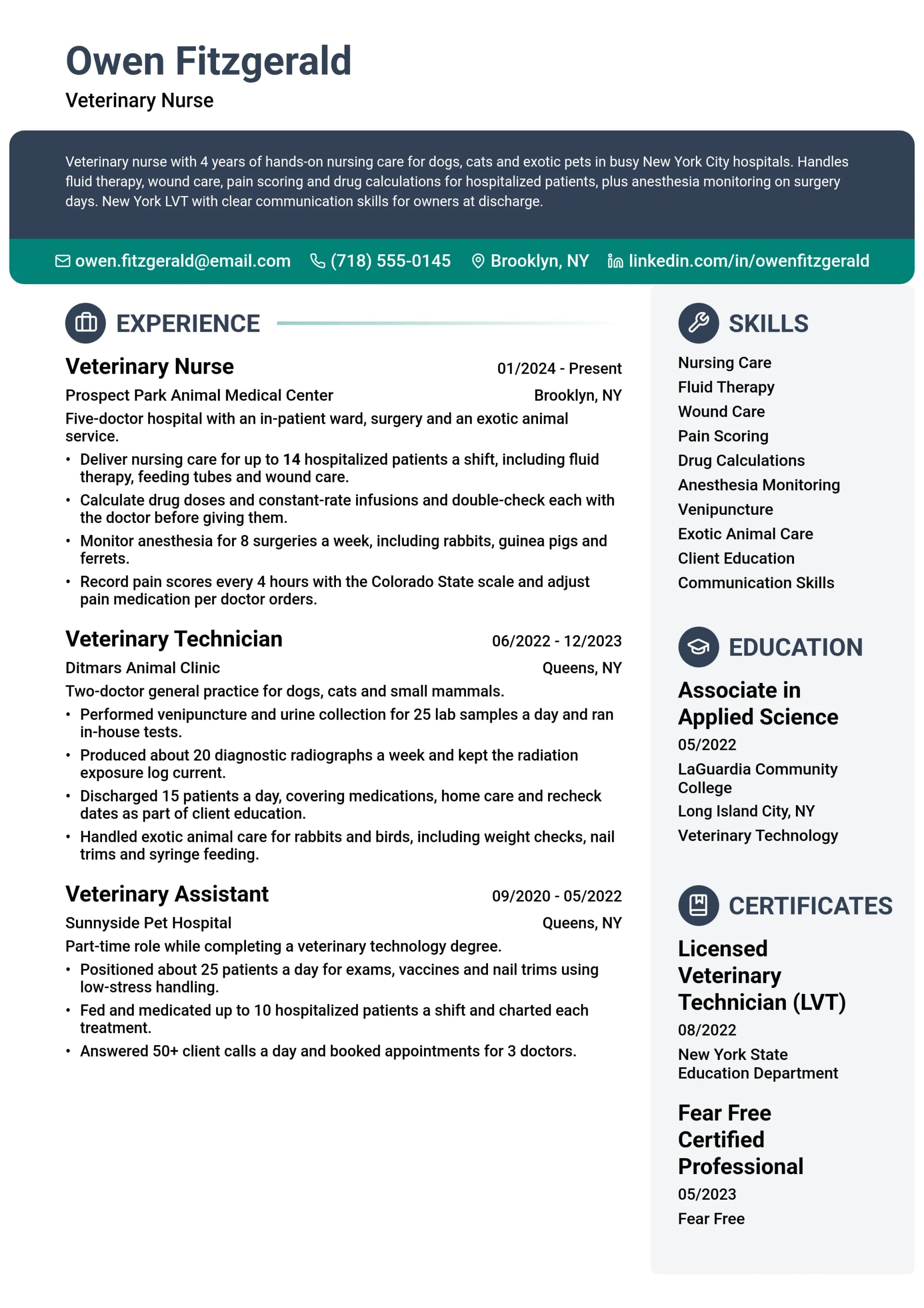 Veterinary Nurse resume example