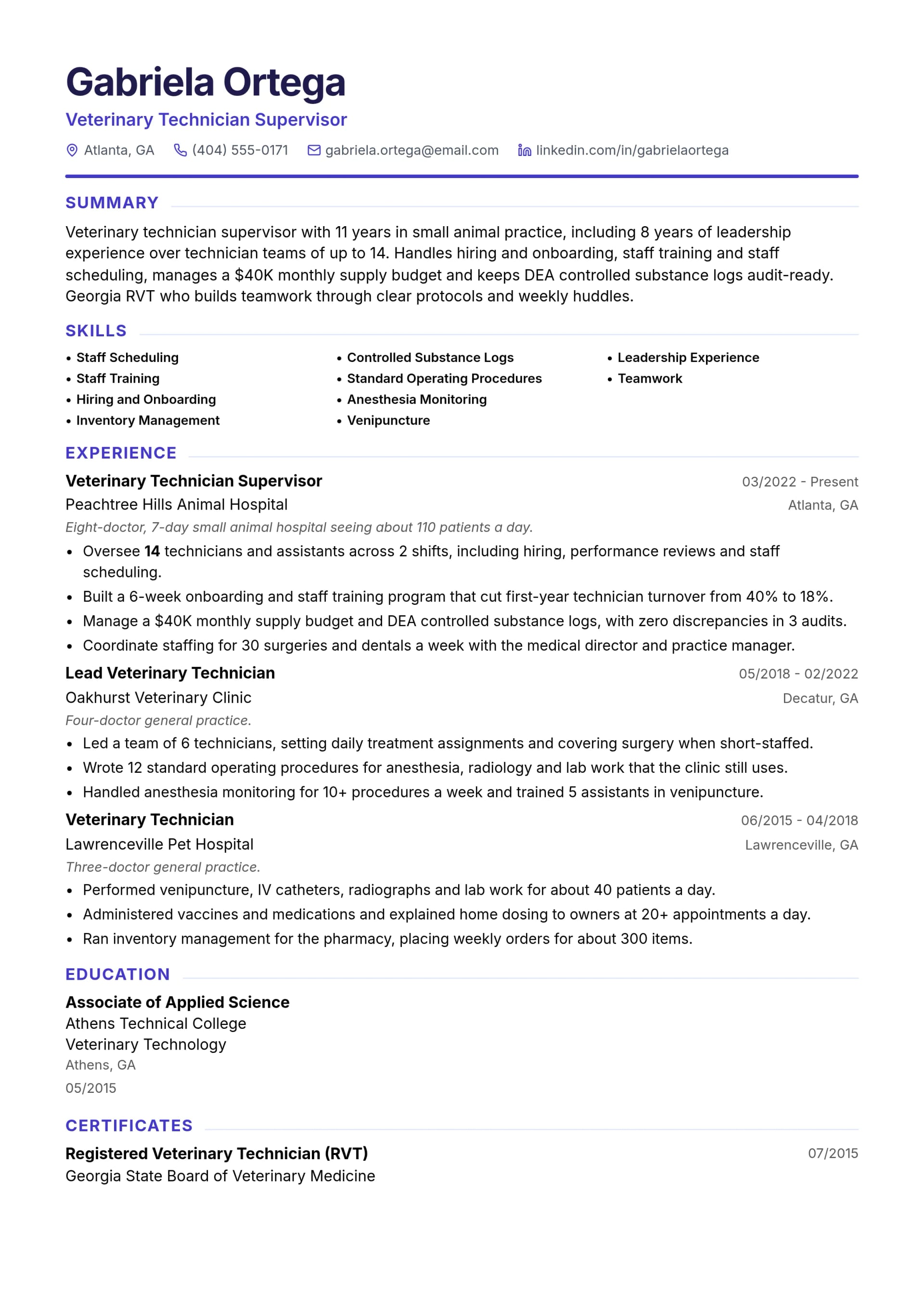 Veterinary Technician Supervisor resume example
