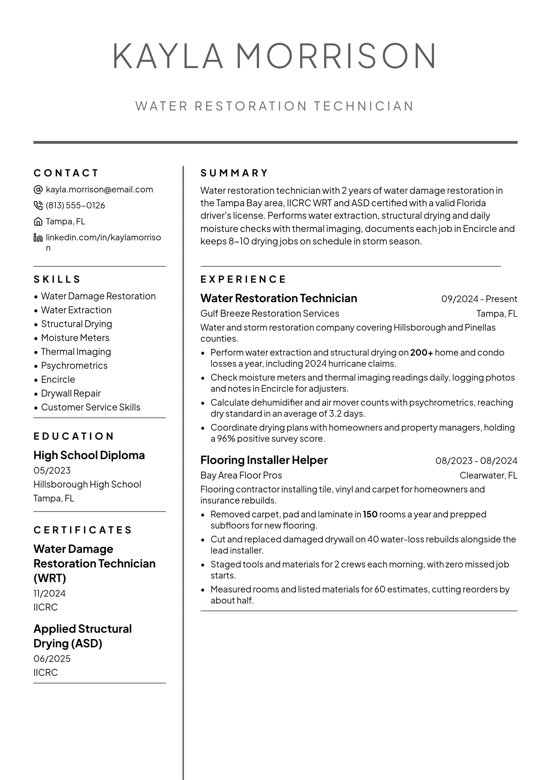 Water Restoration Technician resume example