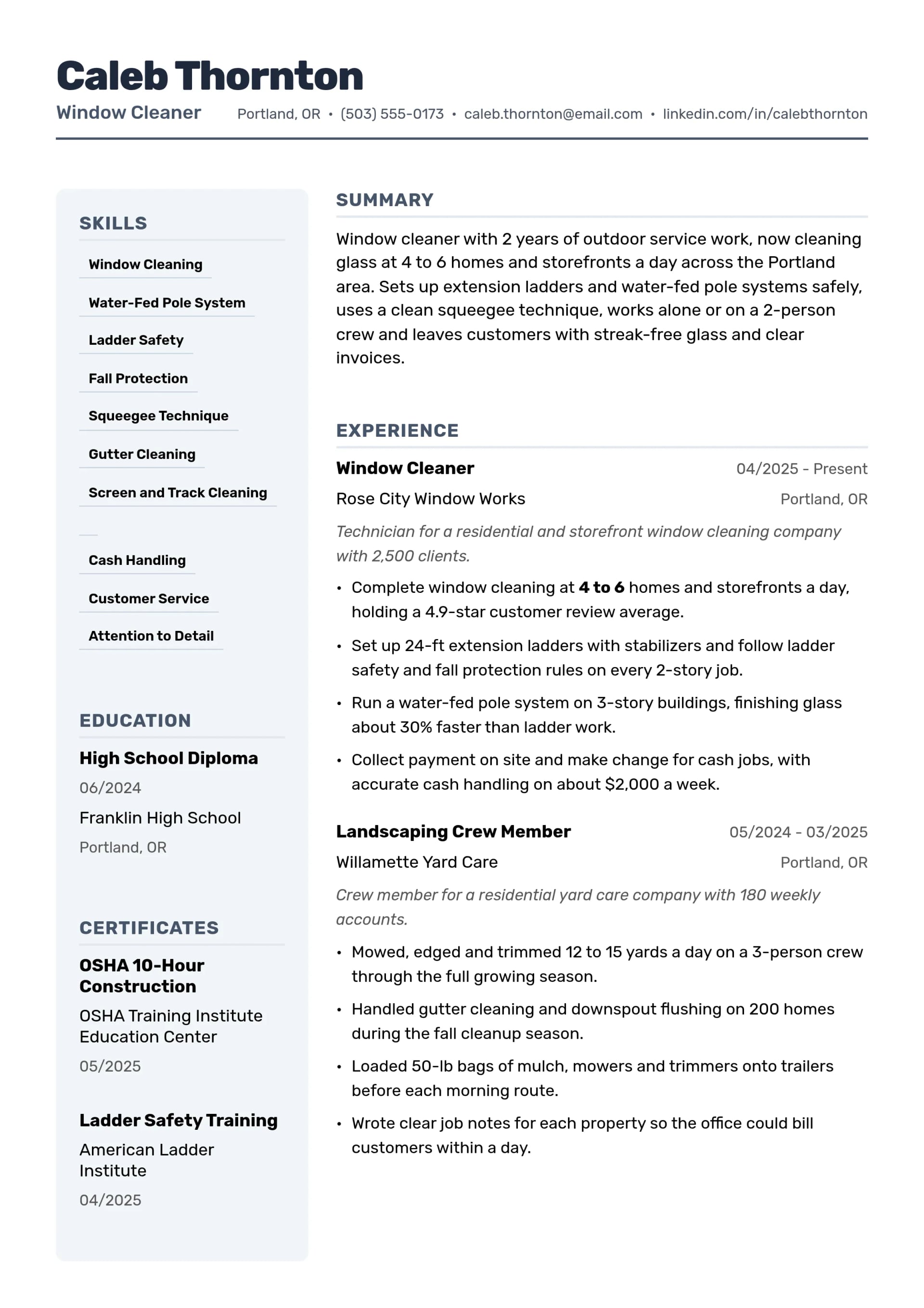 Window Cleaner resume example