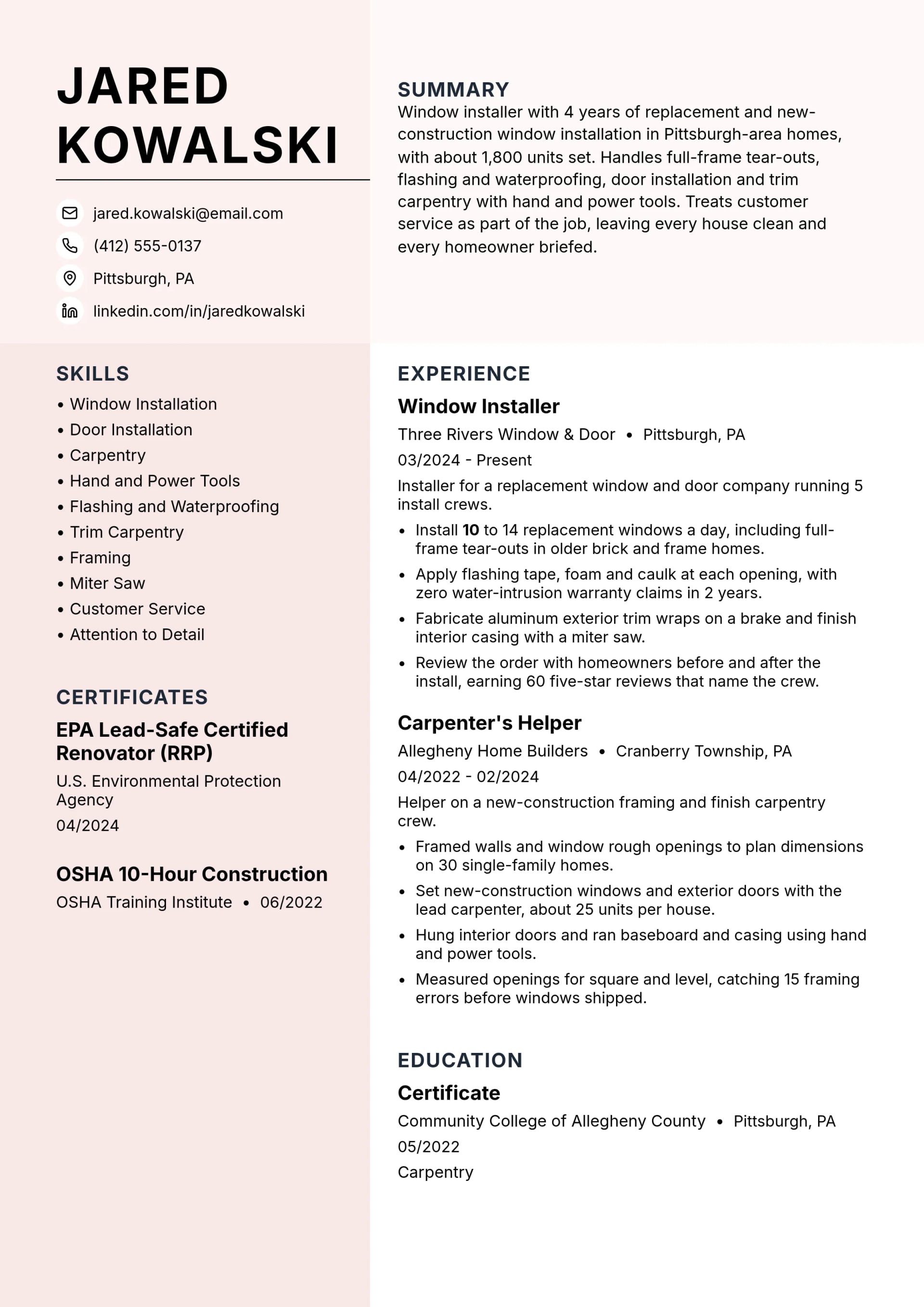 Window Installer resume example