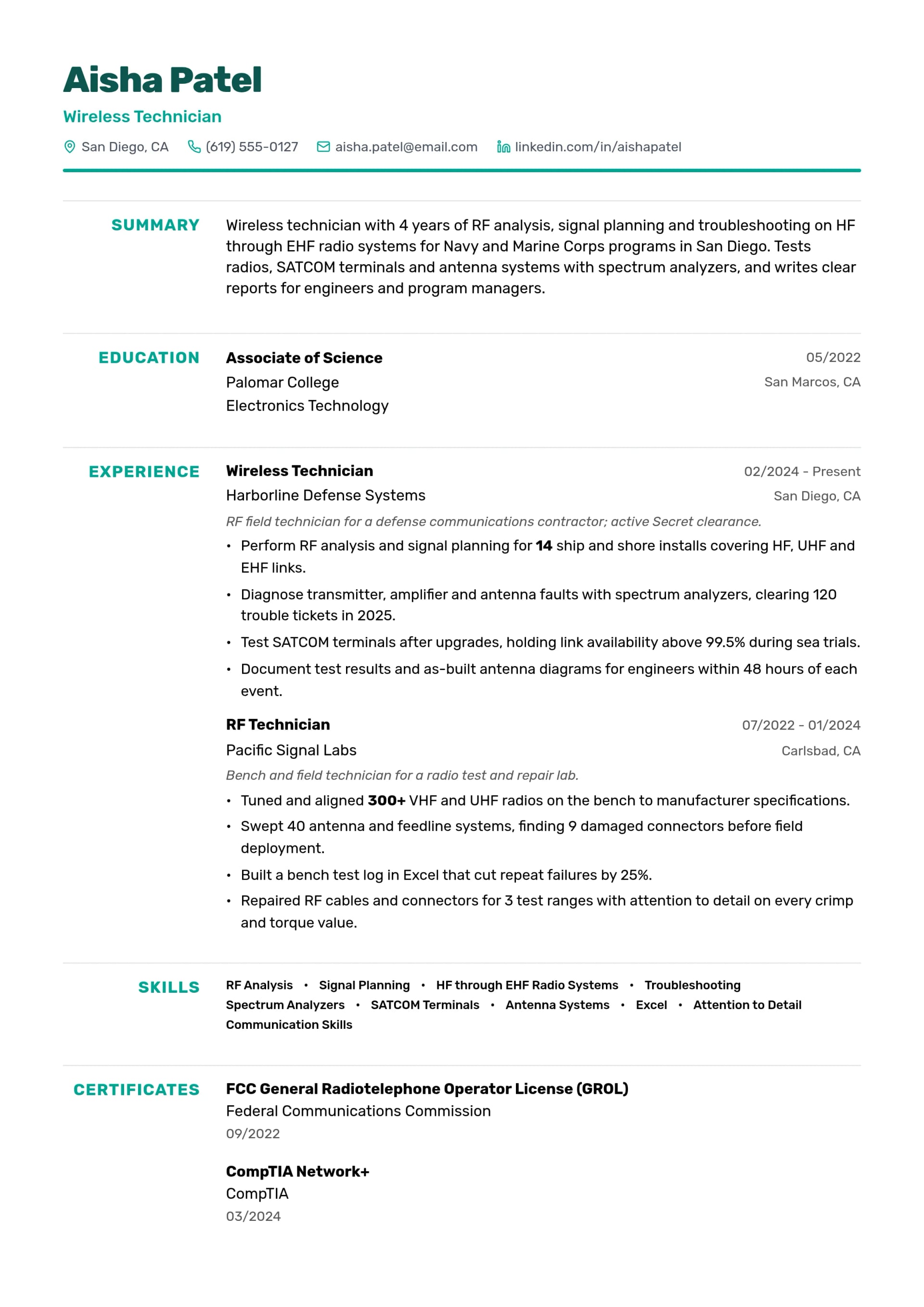 Wireless Technician resume example