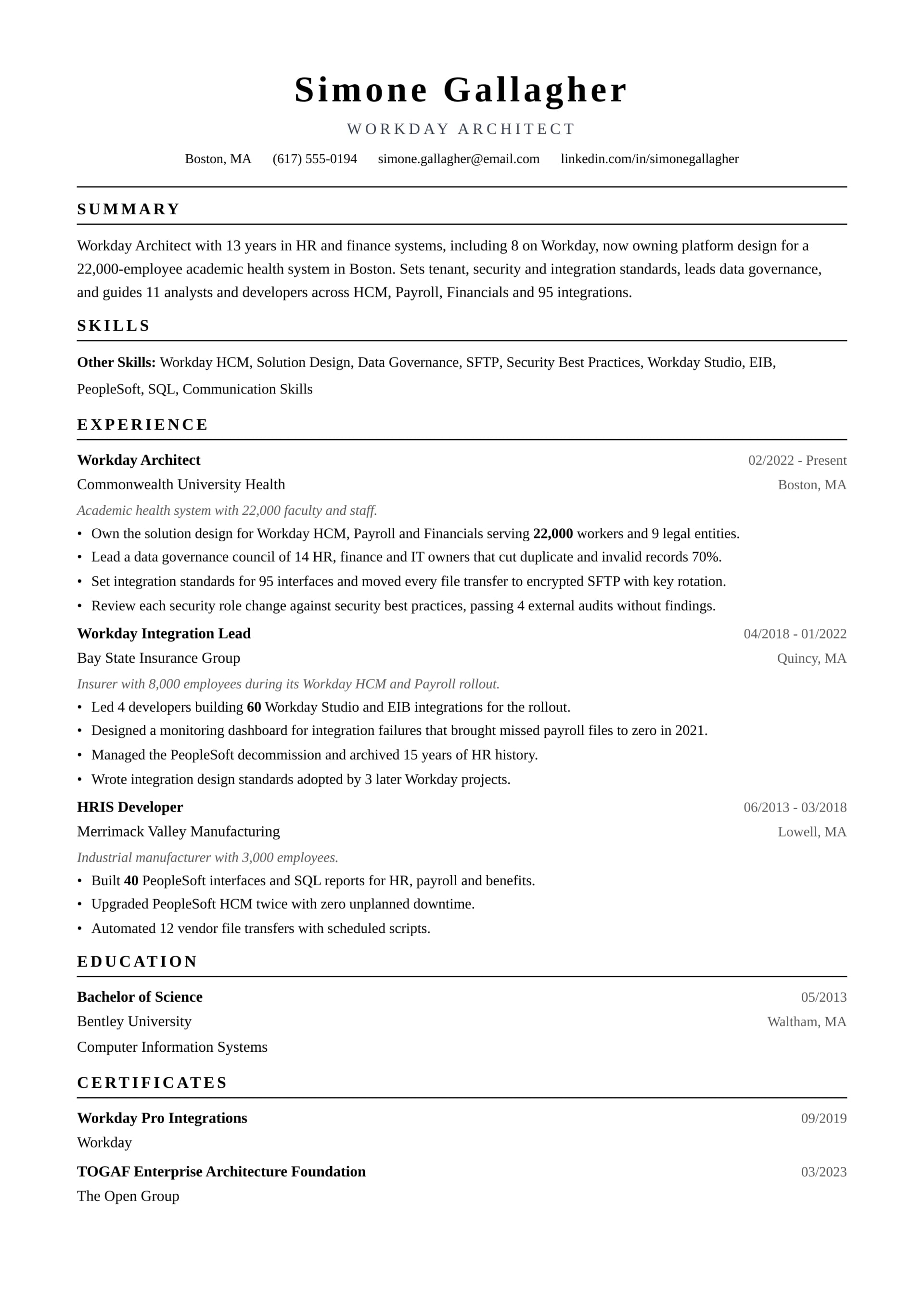 Workday Architect resume example