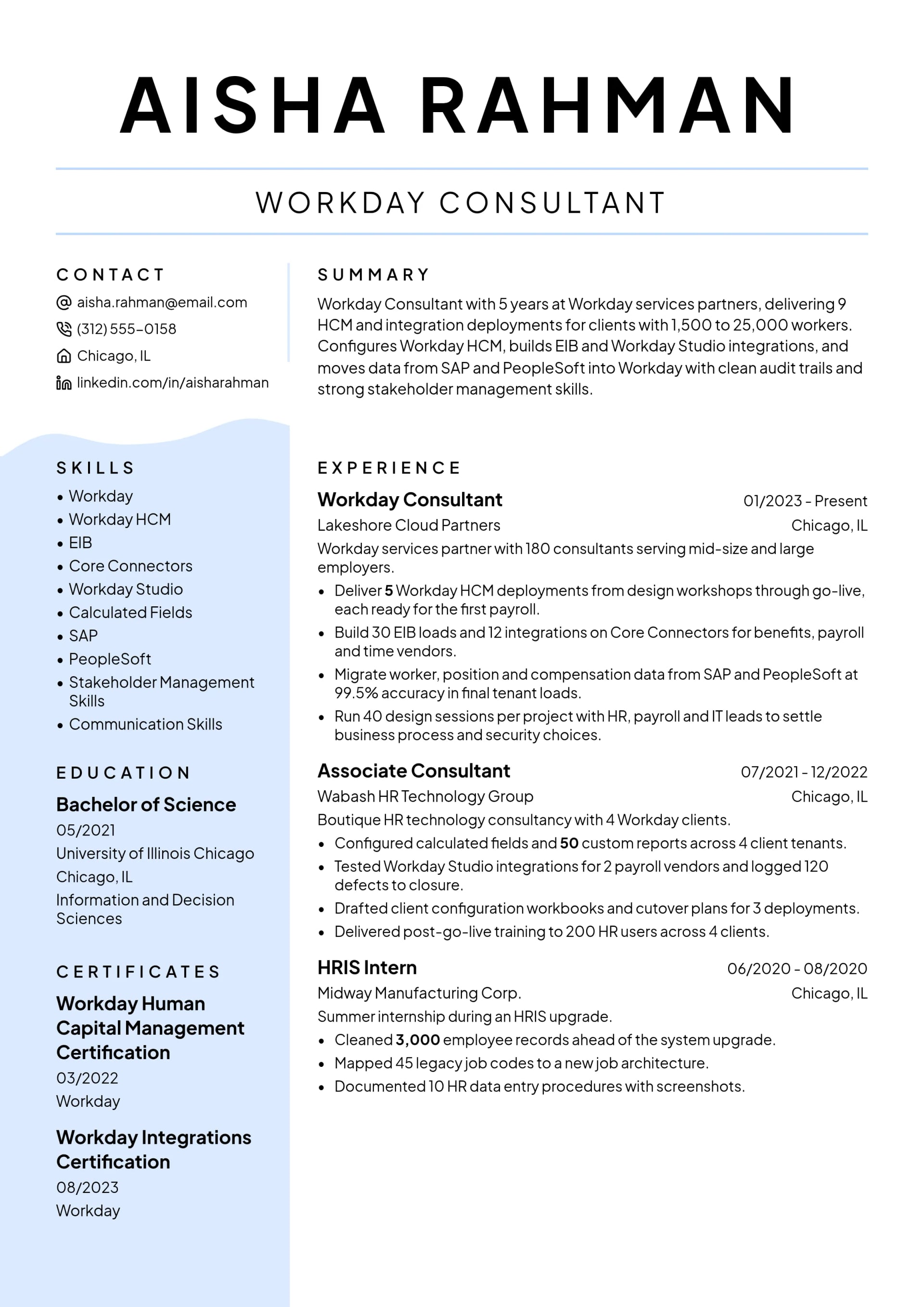 Workday Consultant resume example