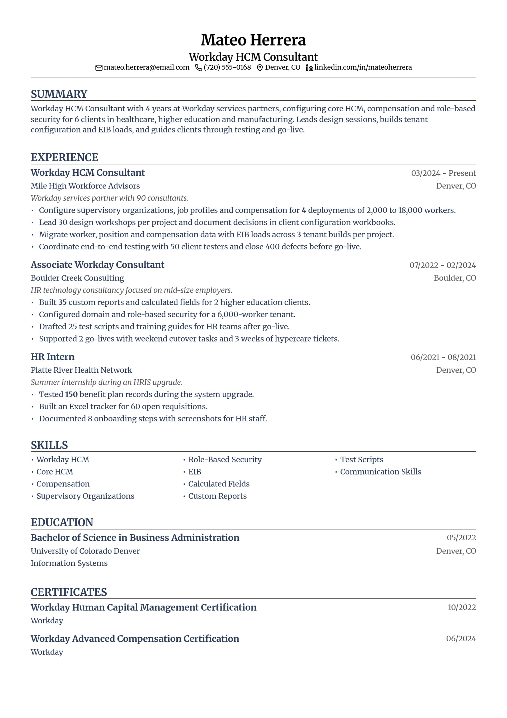 Workday HCM Consultant resume example