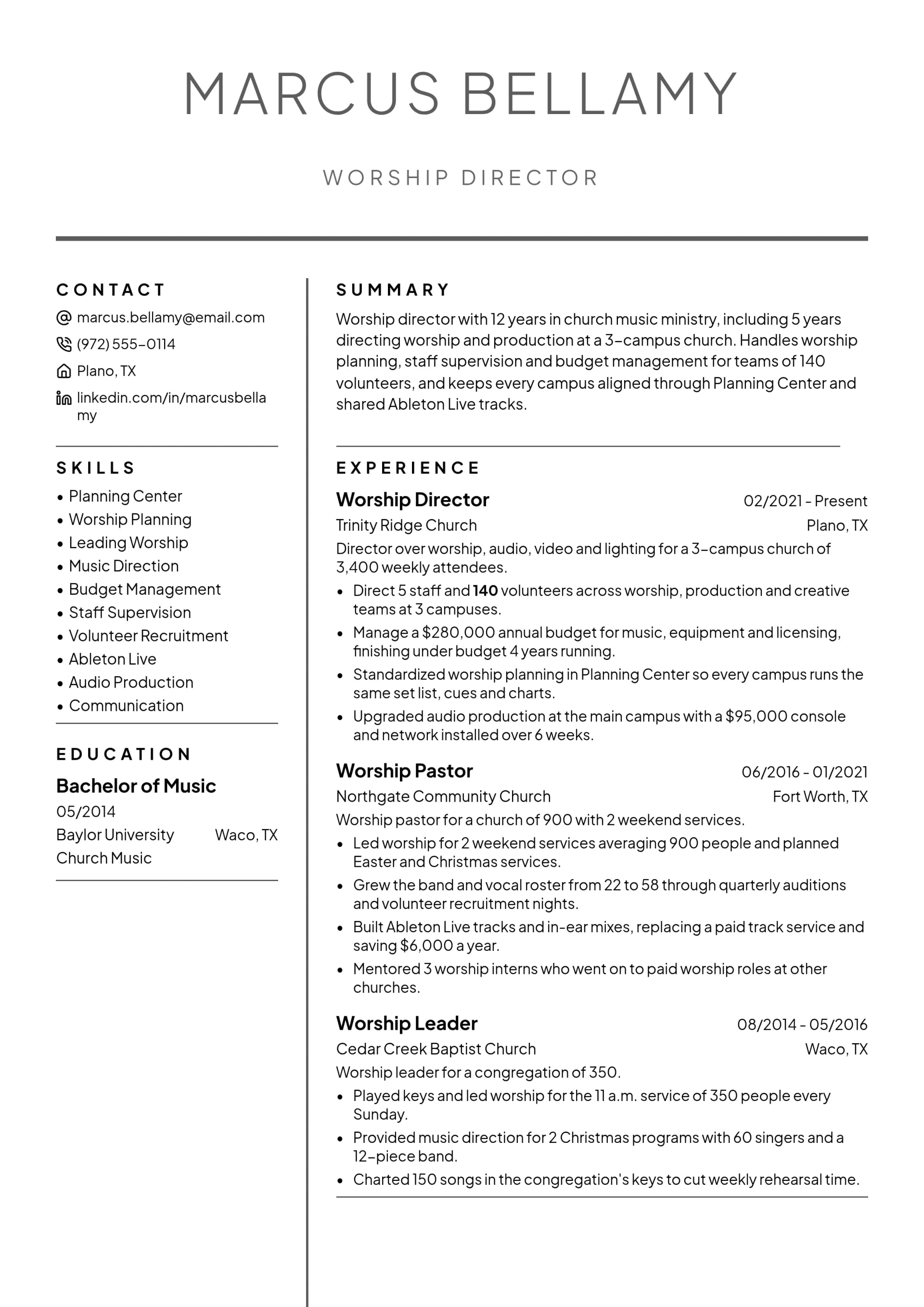 Worship Director resume example