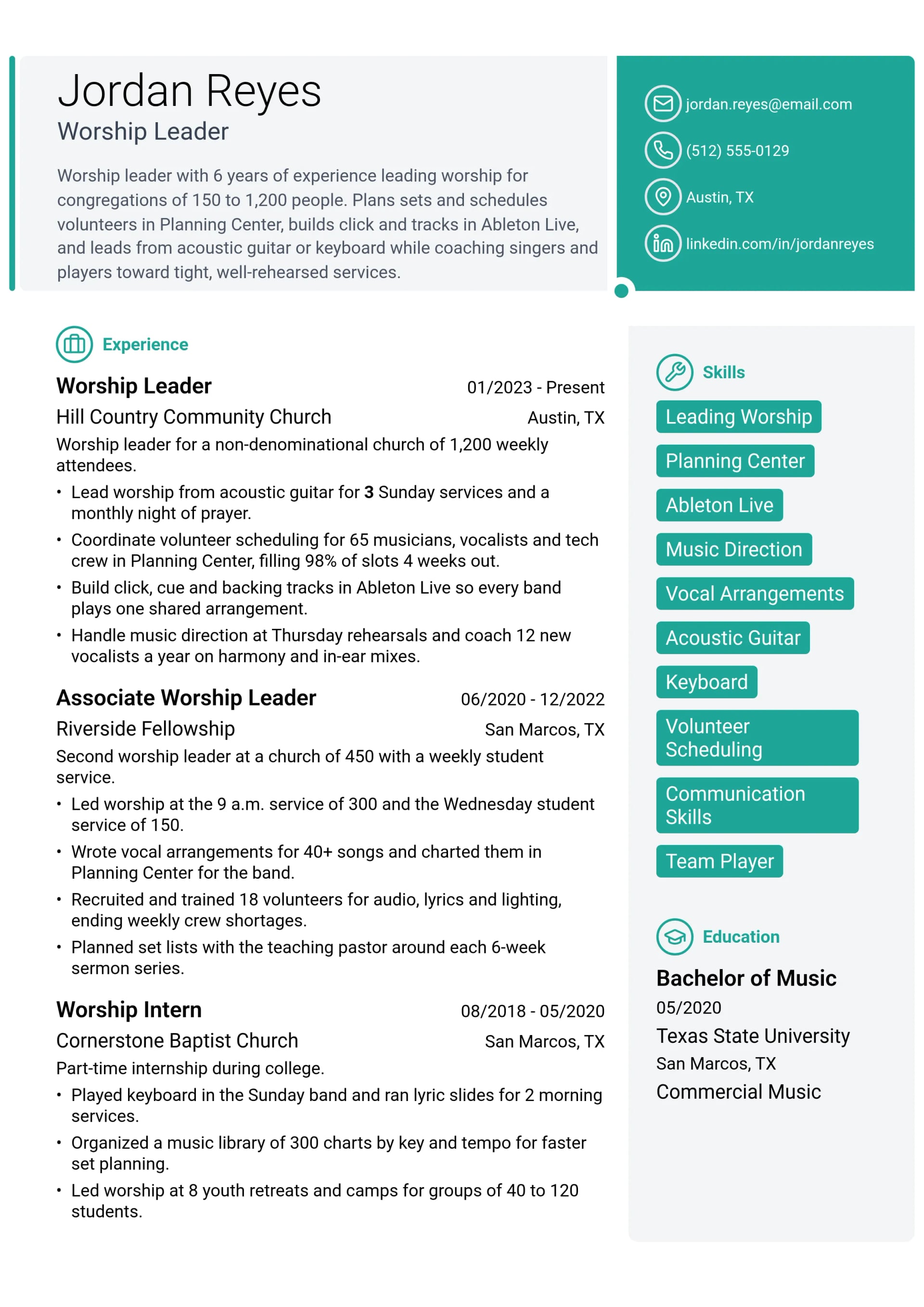Worship Leader resume example