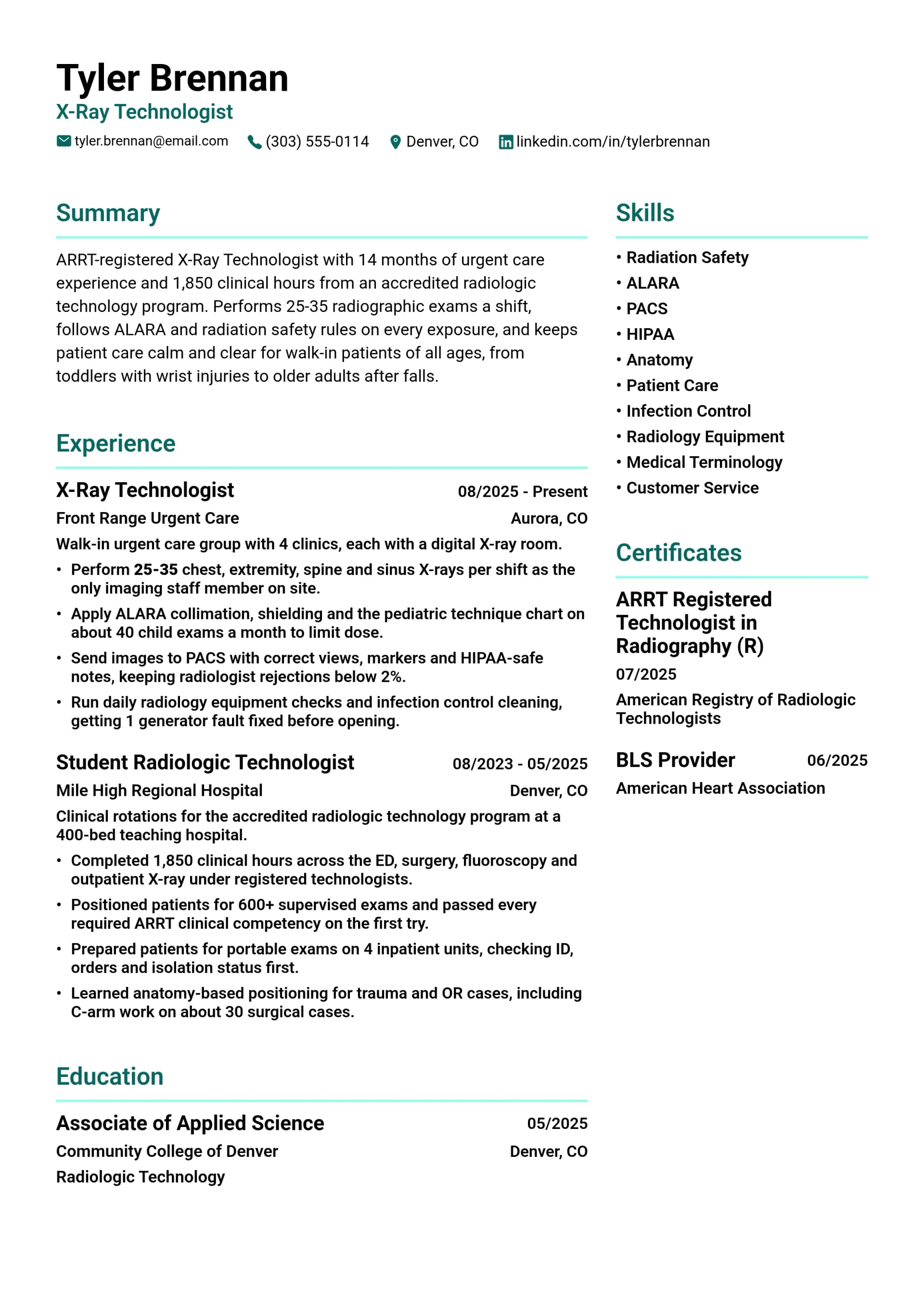 X-Ray Technologist resume example