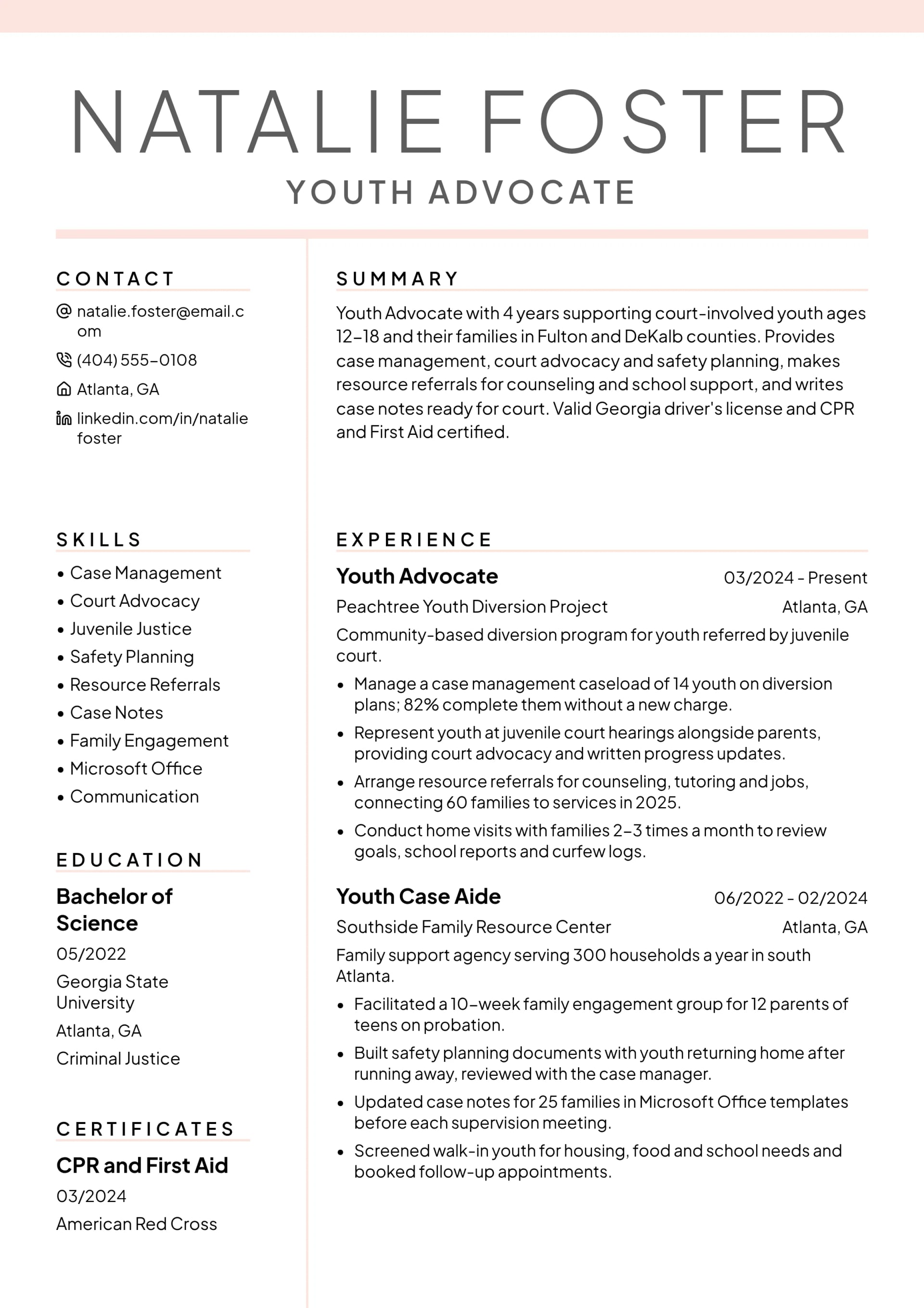 Youth Advocate resume example