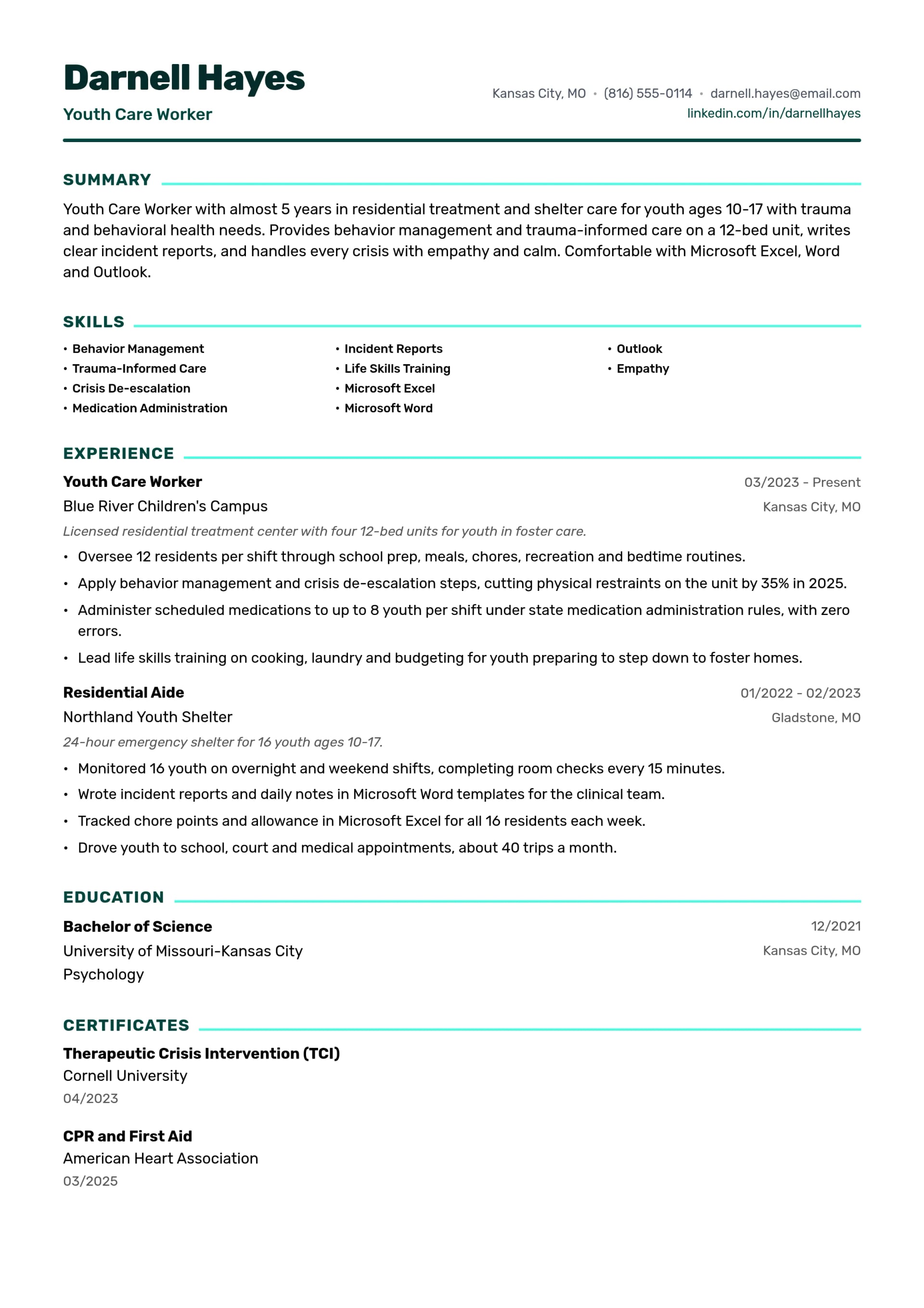 Youth Care Worker resume example