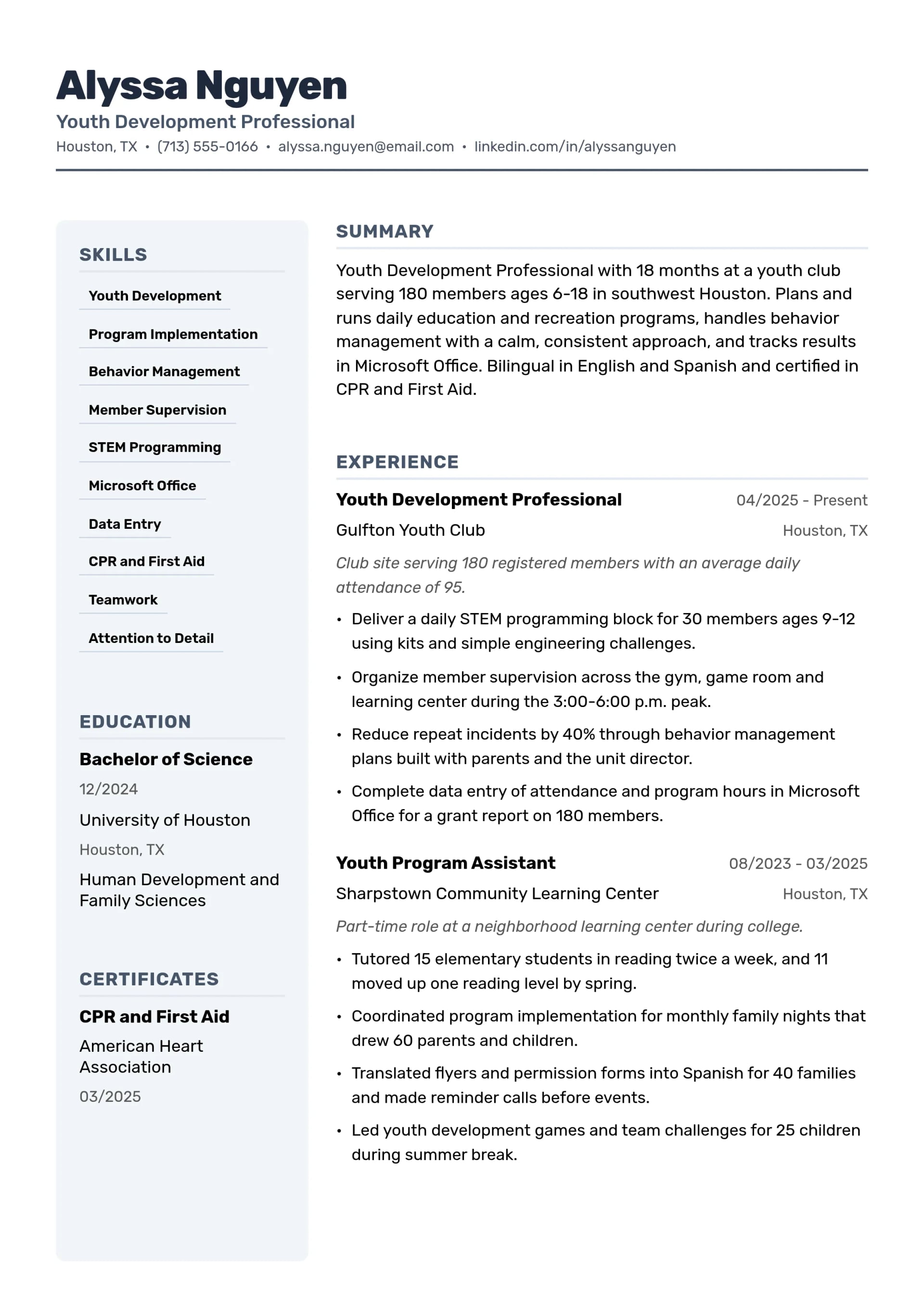 Youth Development Professional resume example