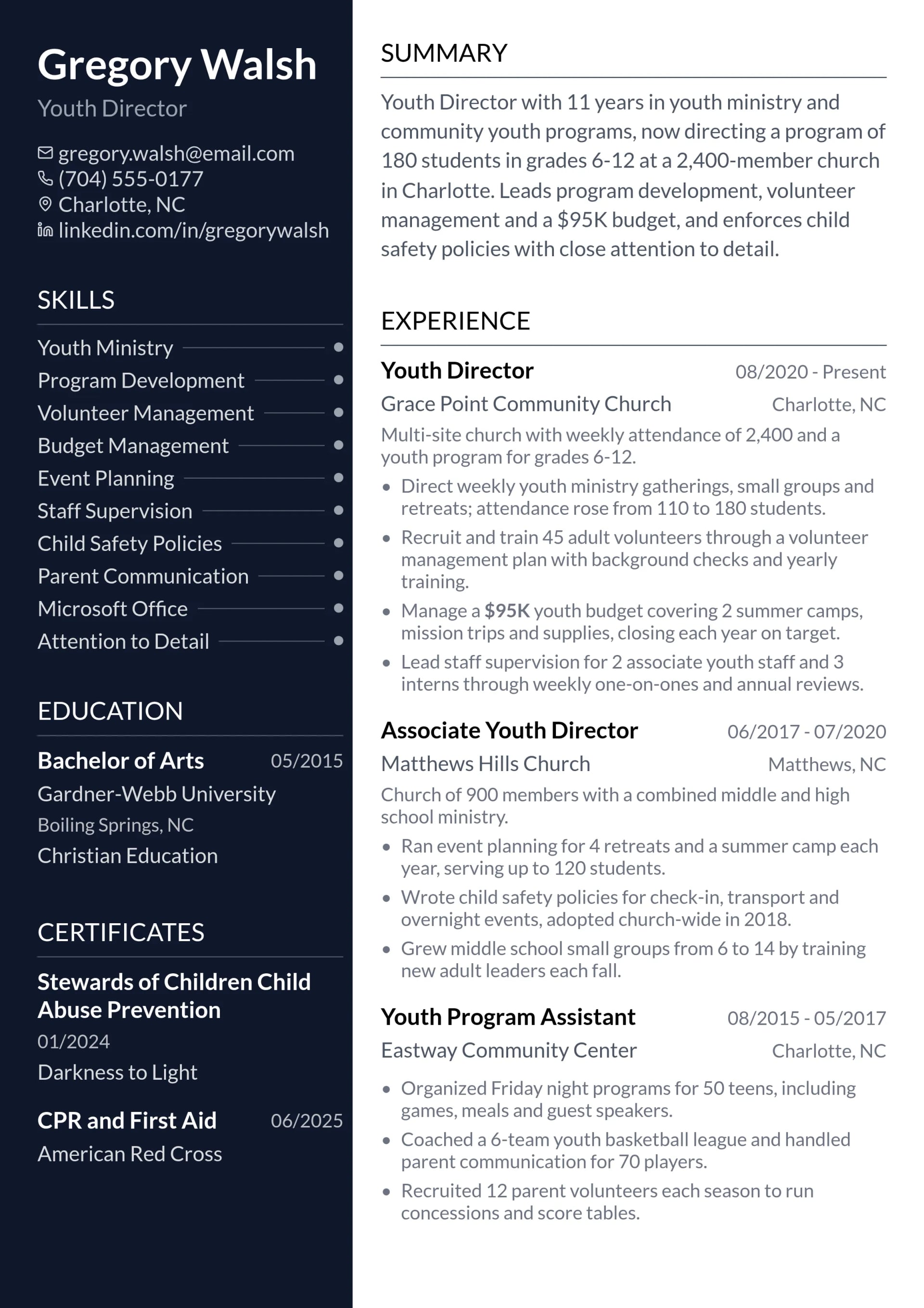 Youth Director resume example