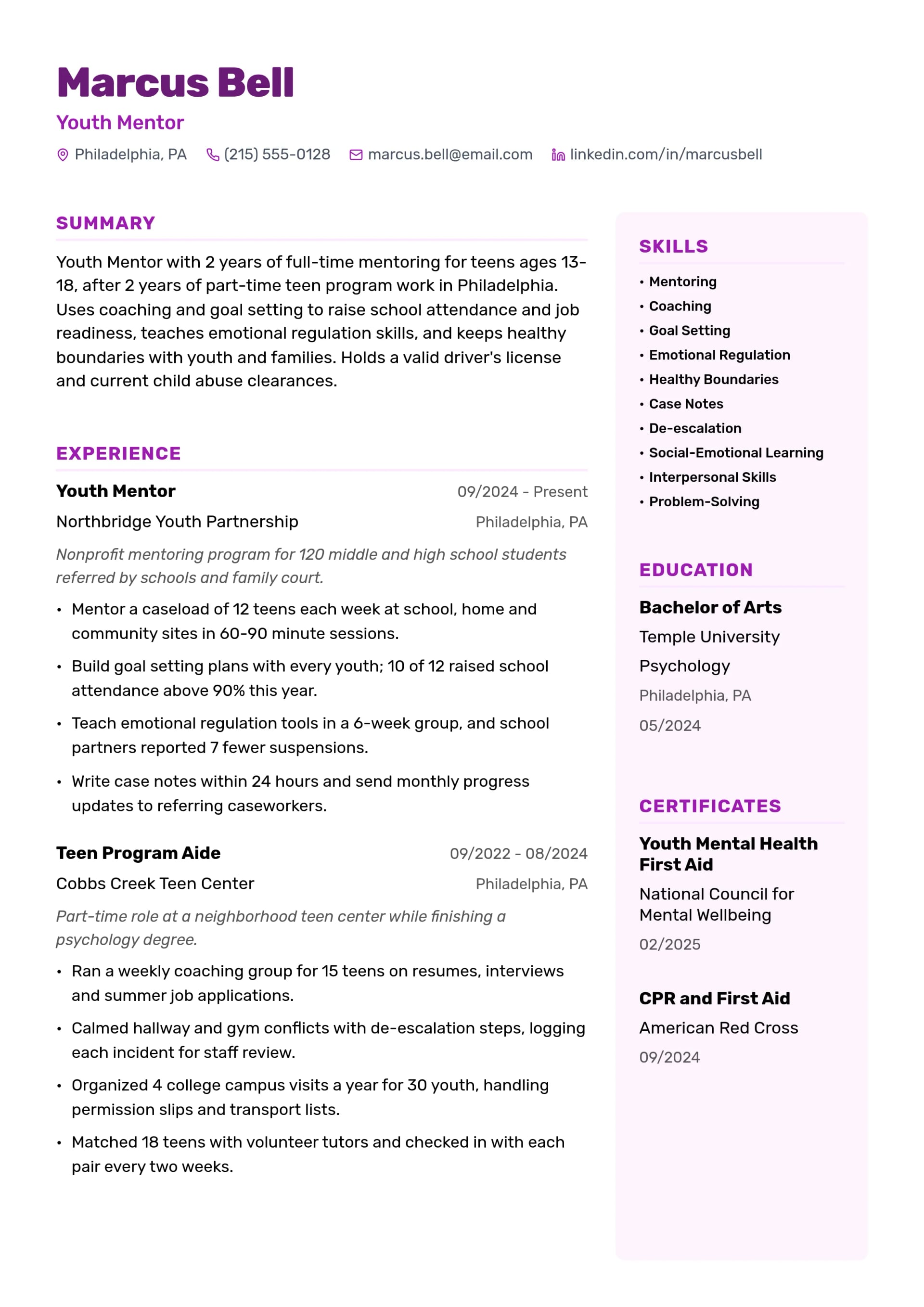 Youth Mentor resume example