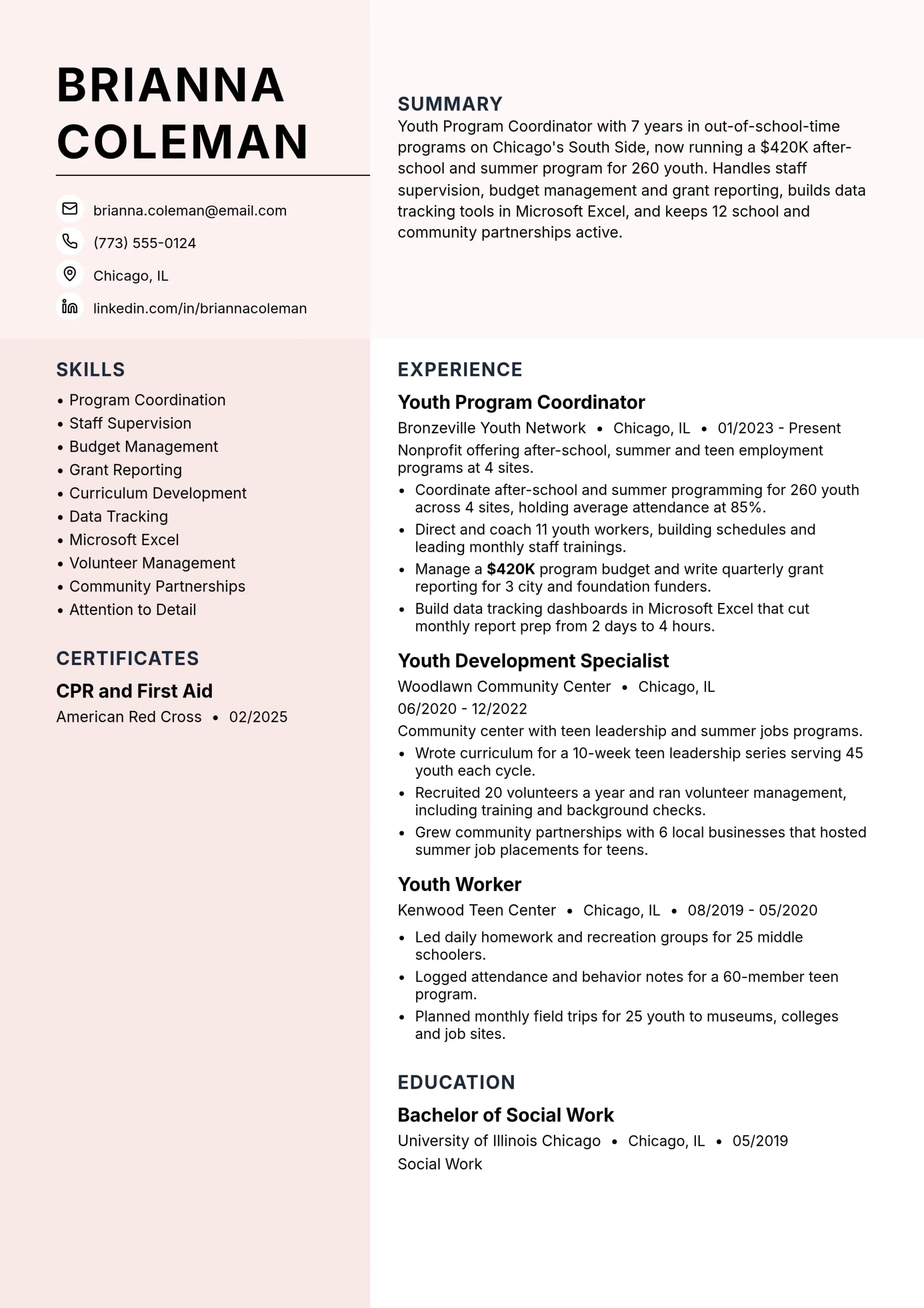 Youth Program Coordinator resume example