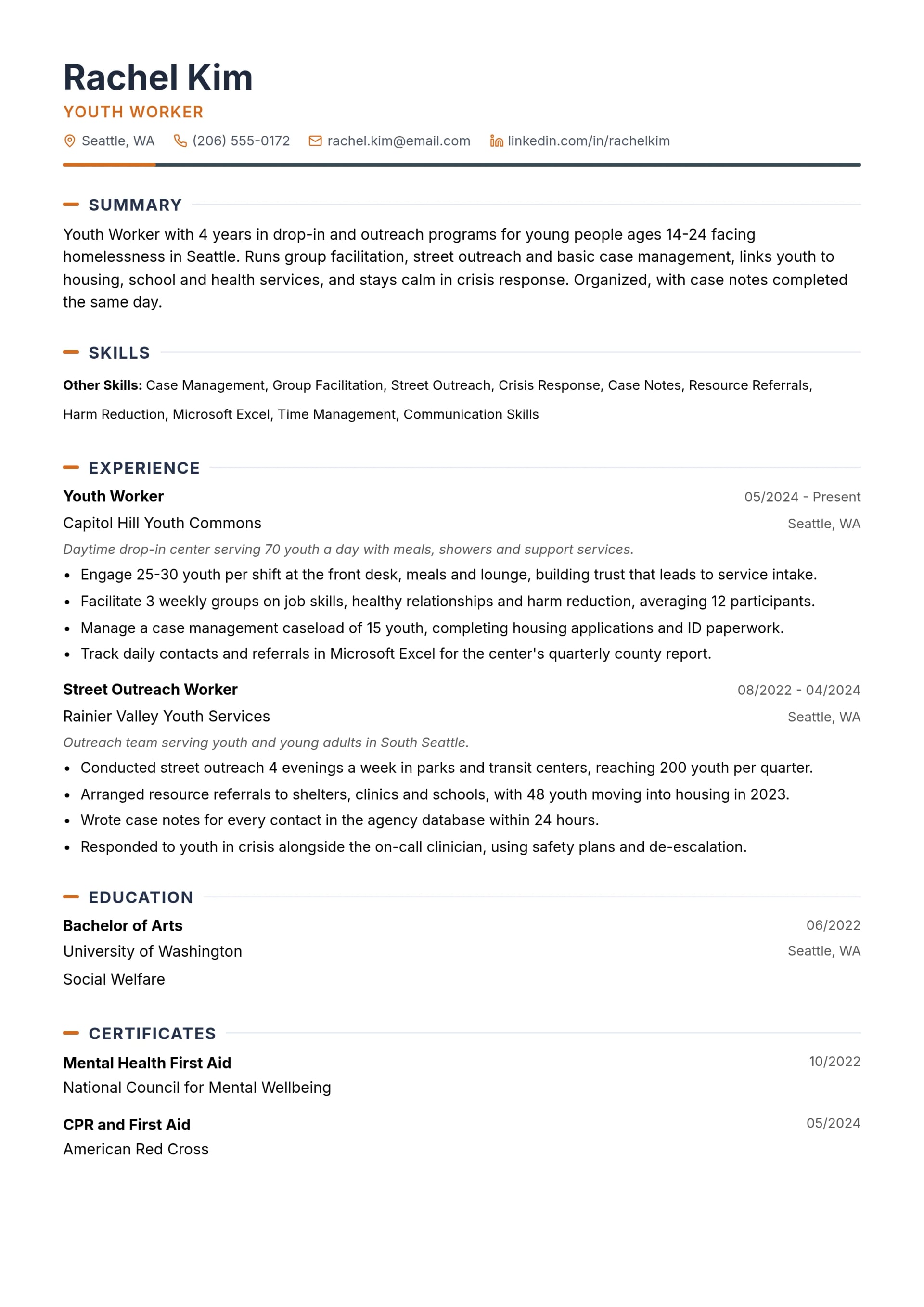 Youth Worker resume example