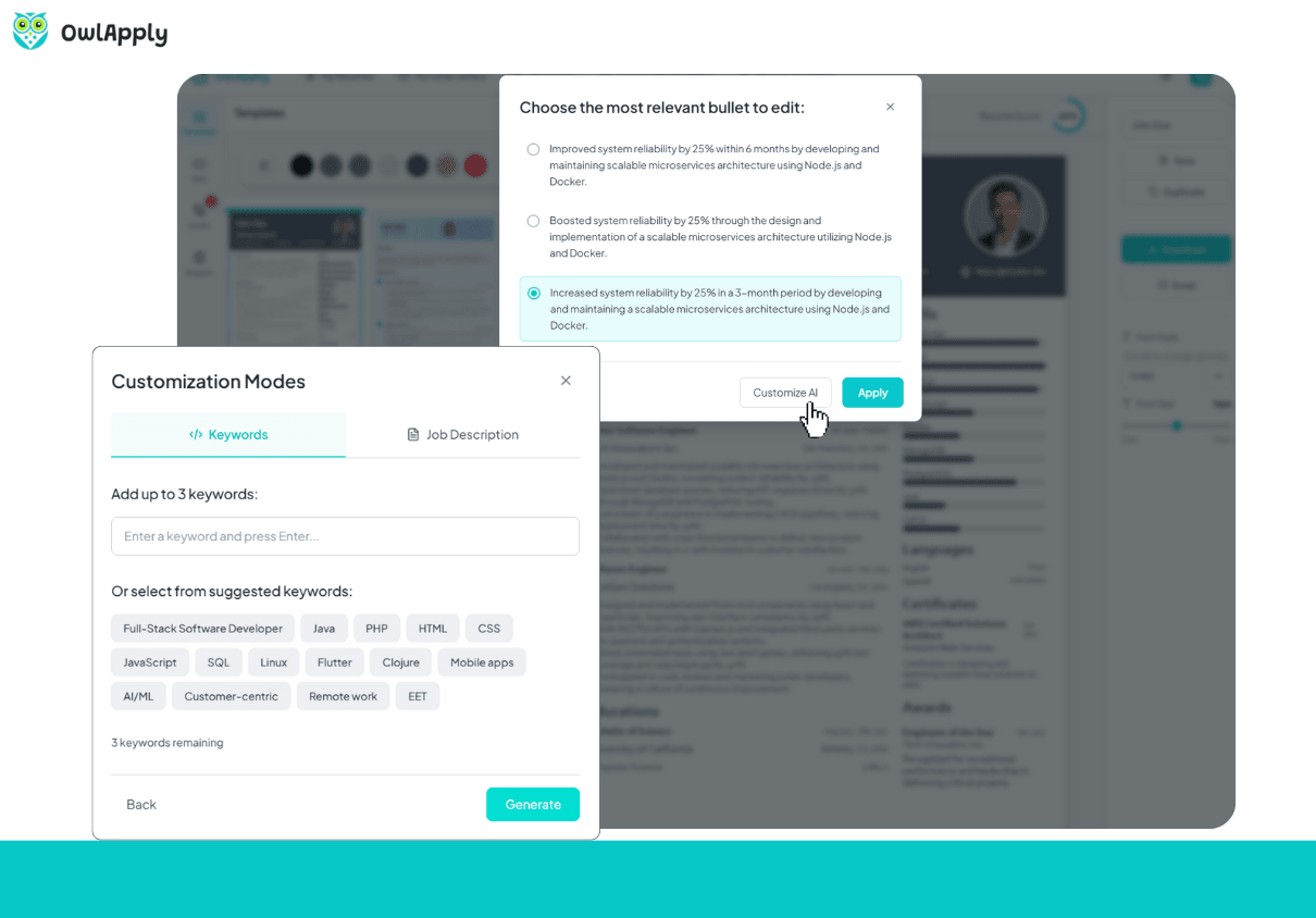 Professional resume builder tool showing AI-powered bullet point generation