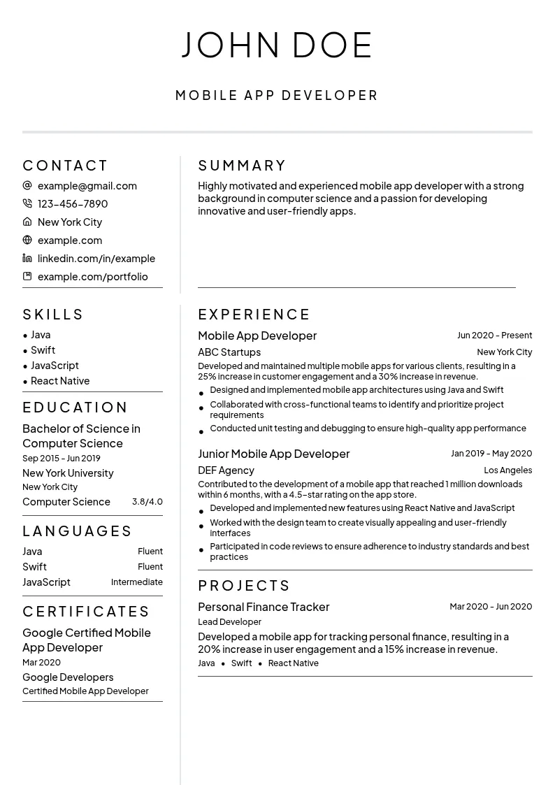 Mobile App Developer resume example