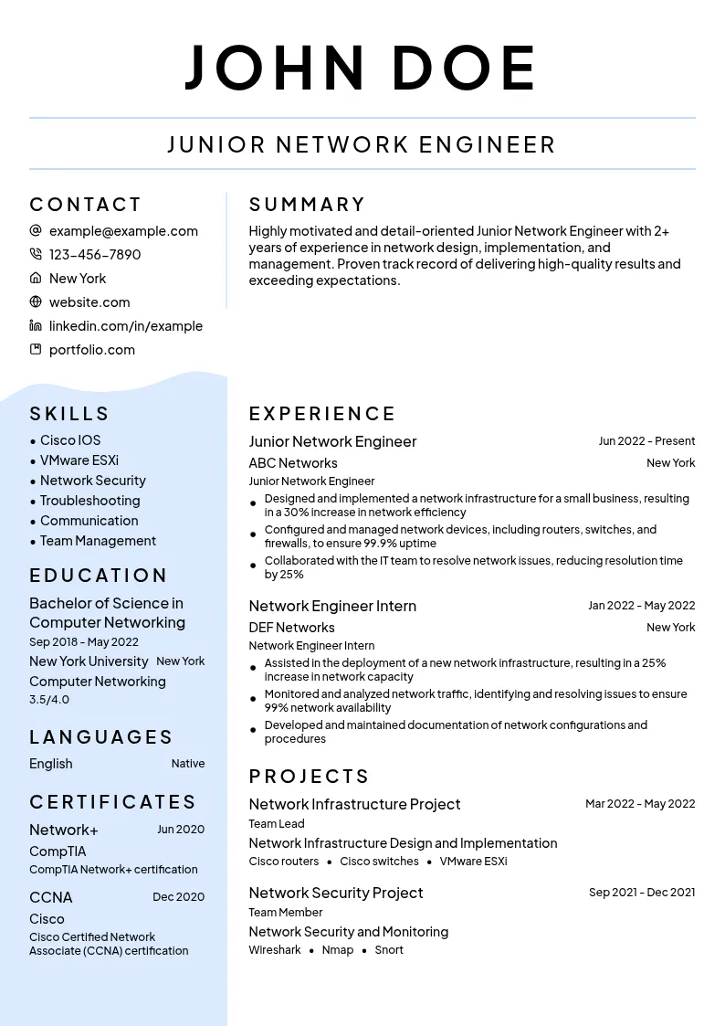 Junior Network Engineer resume example