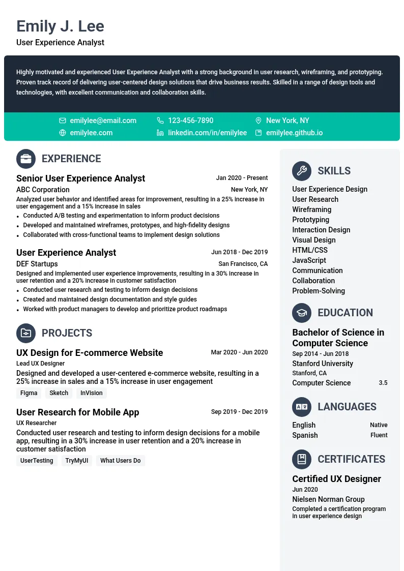 User Experience Analyst resume example