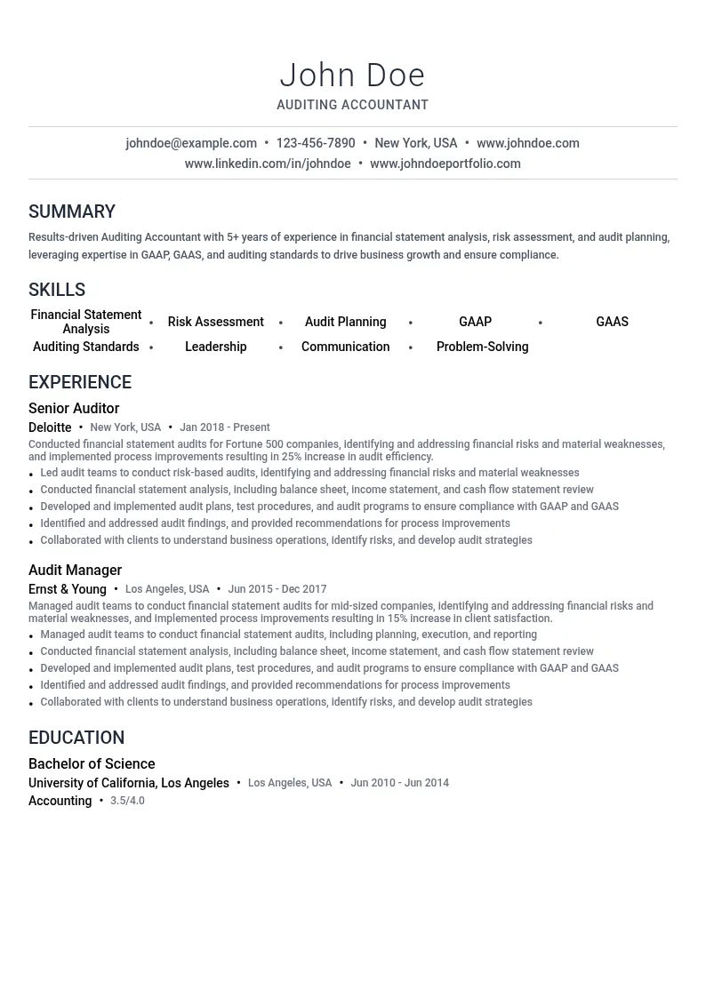 Auditing Accountant resume example