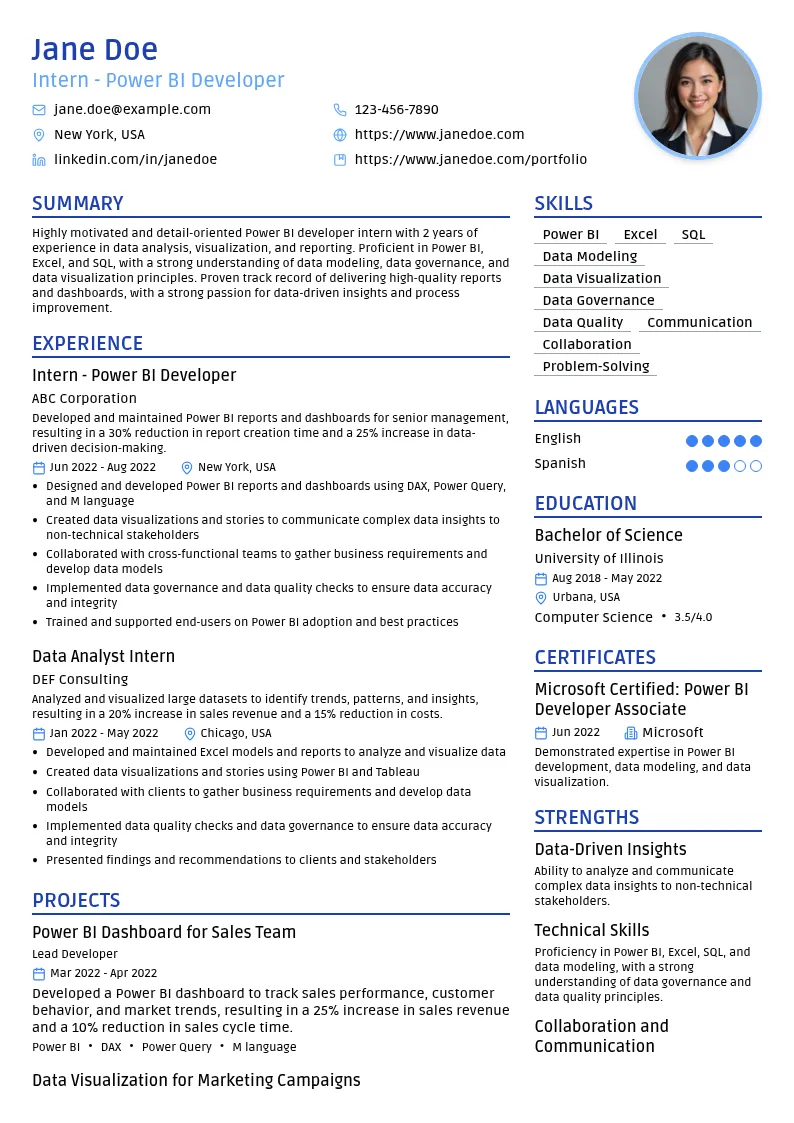 Intern - Power BI Developer resume example