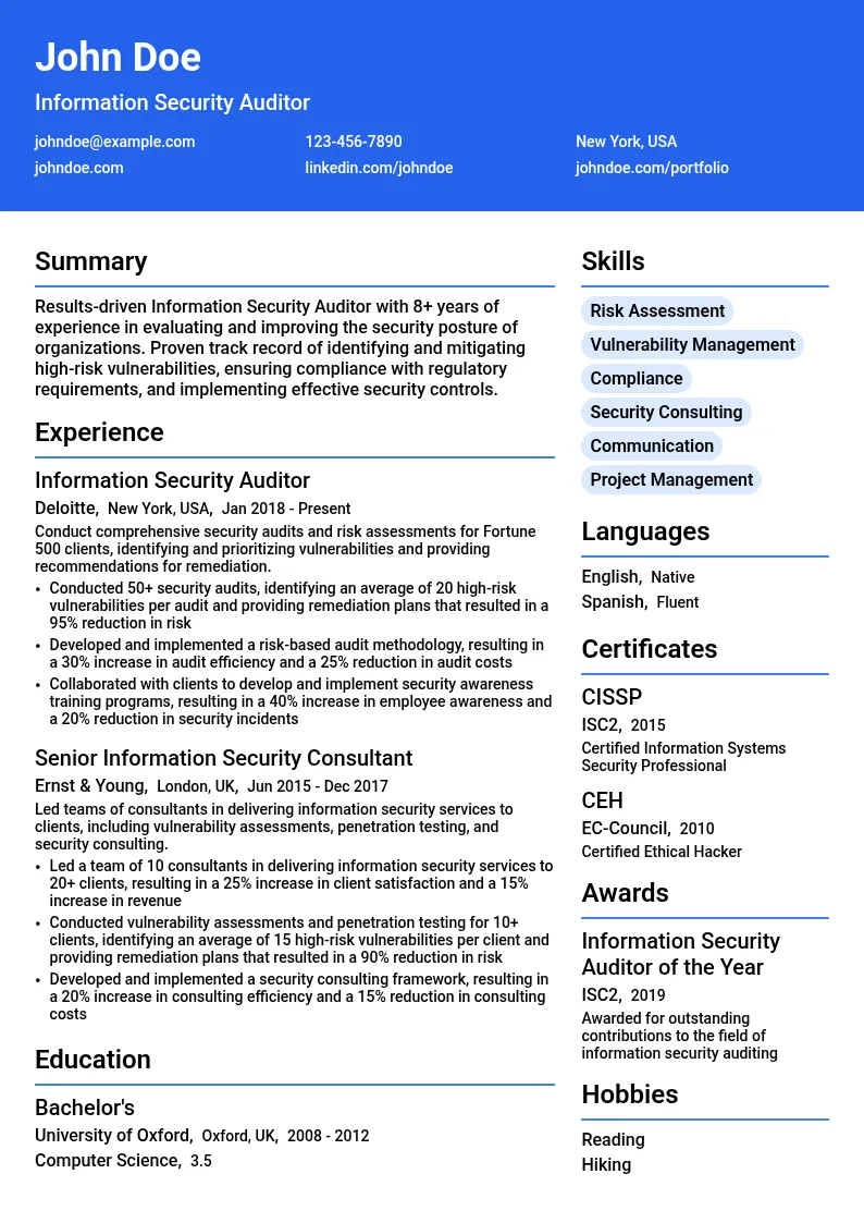 Information Security Auditor resume example
