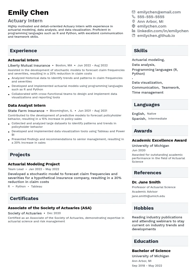 Actuary Intern resume example